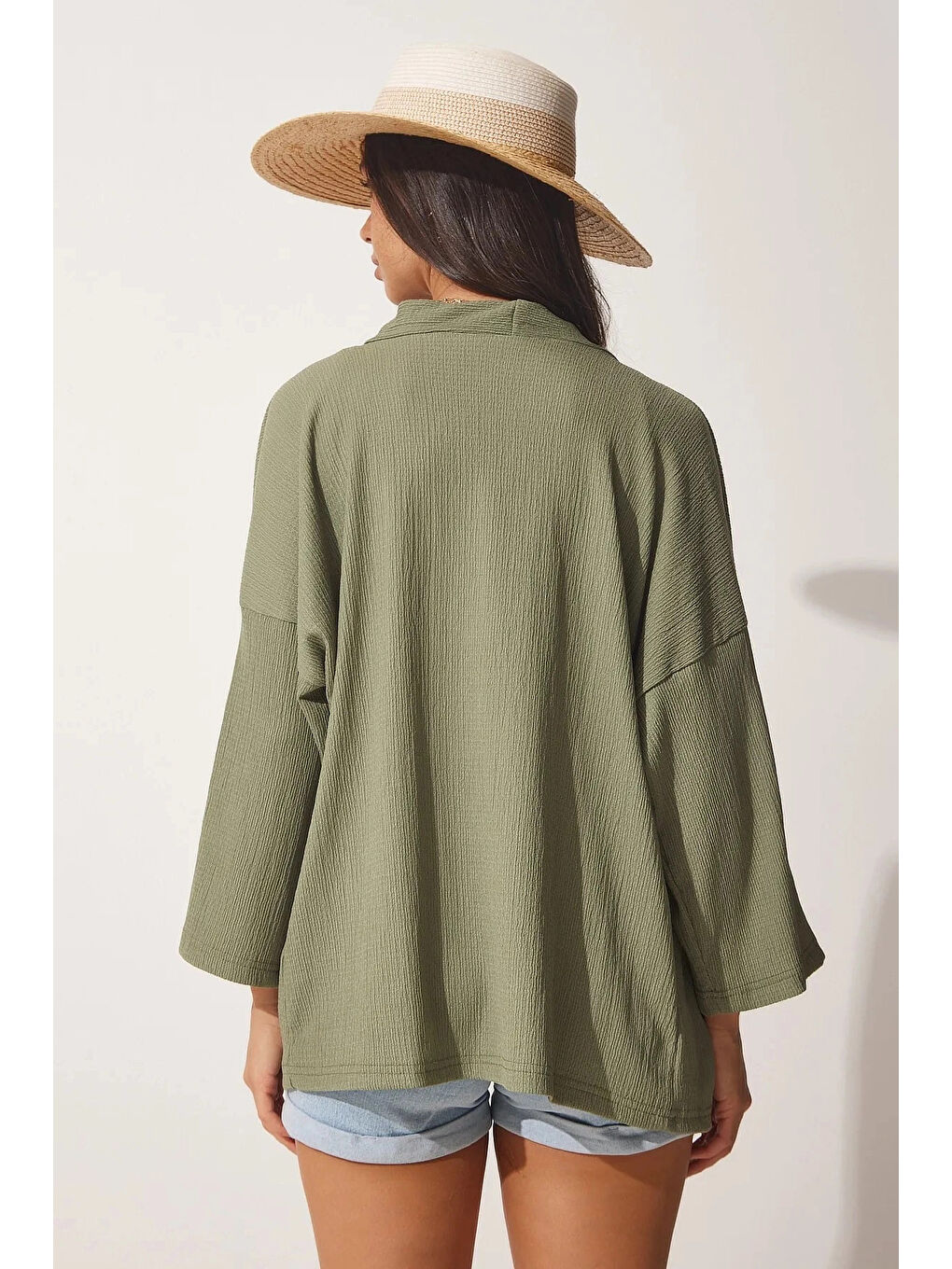 Kadın Haki Önü Açık Katlı Yaka Dokulu Mevsimlik Ceket HZL22S-BD158621-1