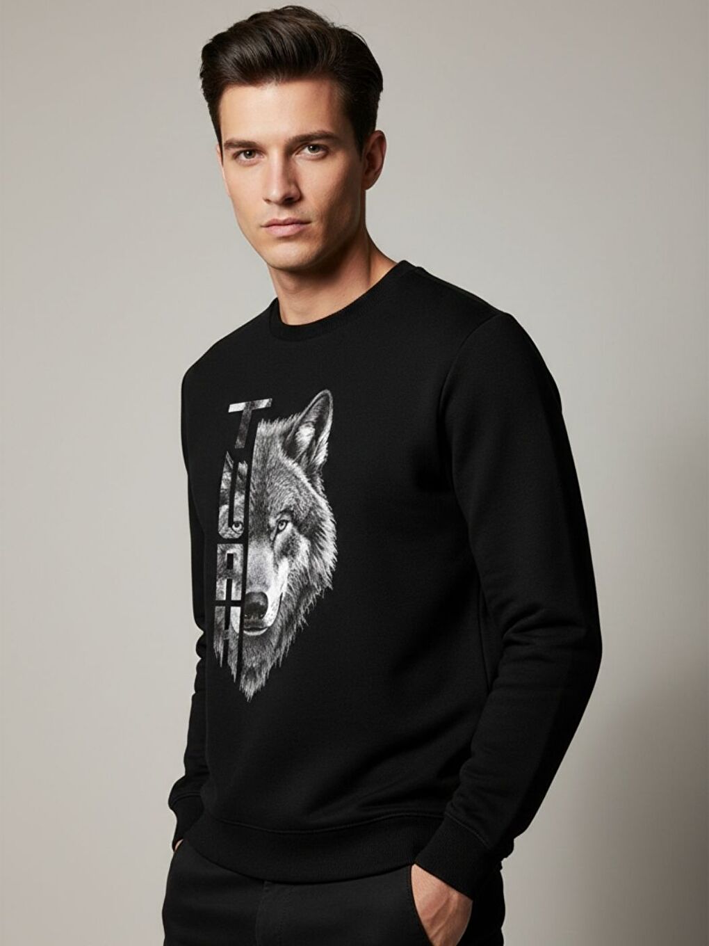 Erkek Siyah Turk Wolf Baskılı Oversize Bisiklet Yaka Uzun Kollu Sweatshirt-1