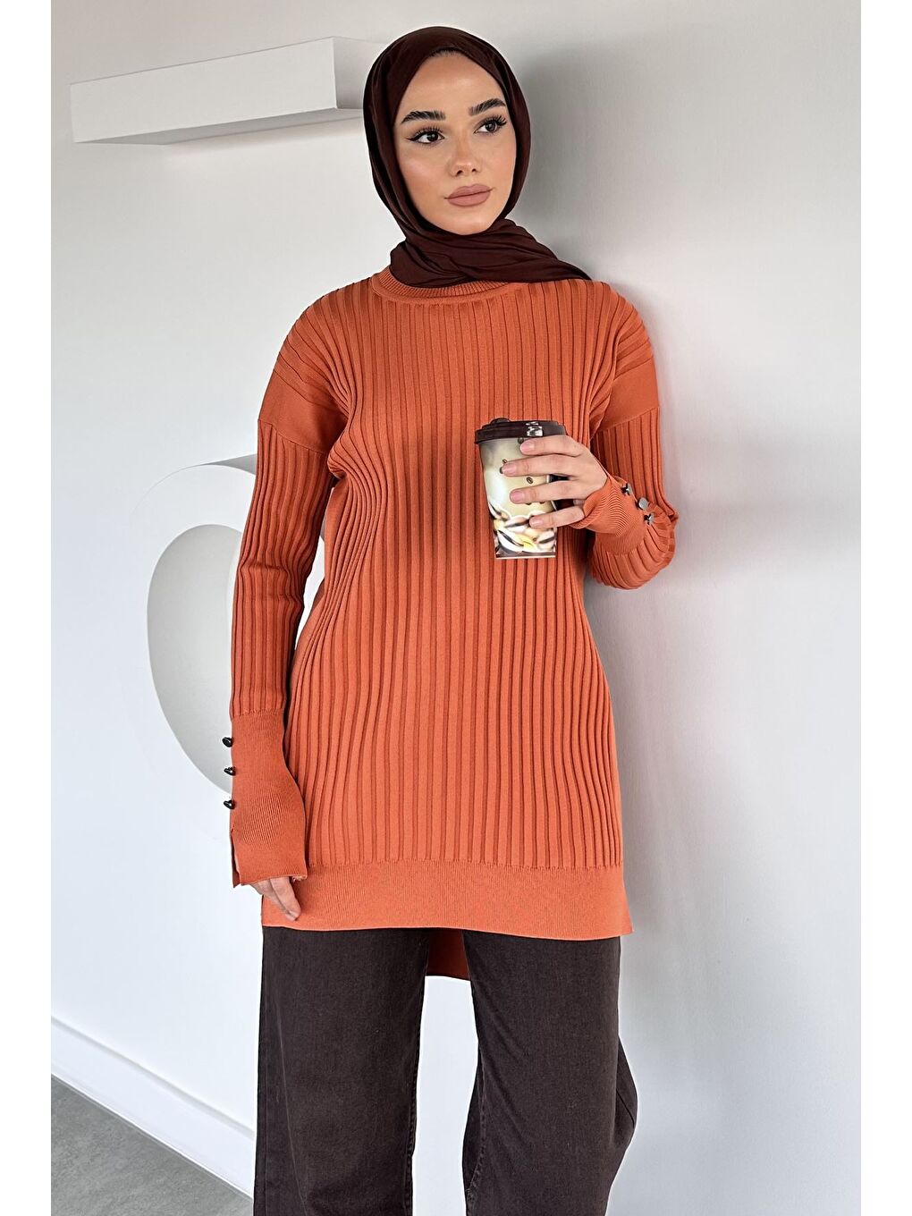 Turuncu Gülseli Bisiklet Yaka Tesettür Triko Tunik-5