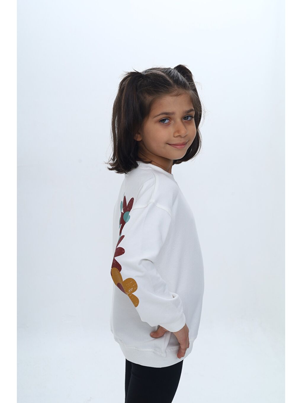 Ekru Kız Çocuk Arka Kol Baskılı Çiçekli Sweatshirt-4