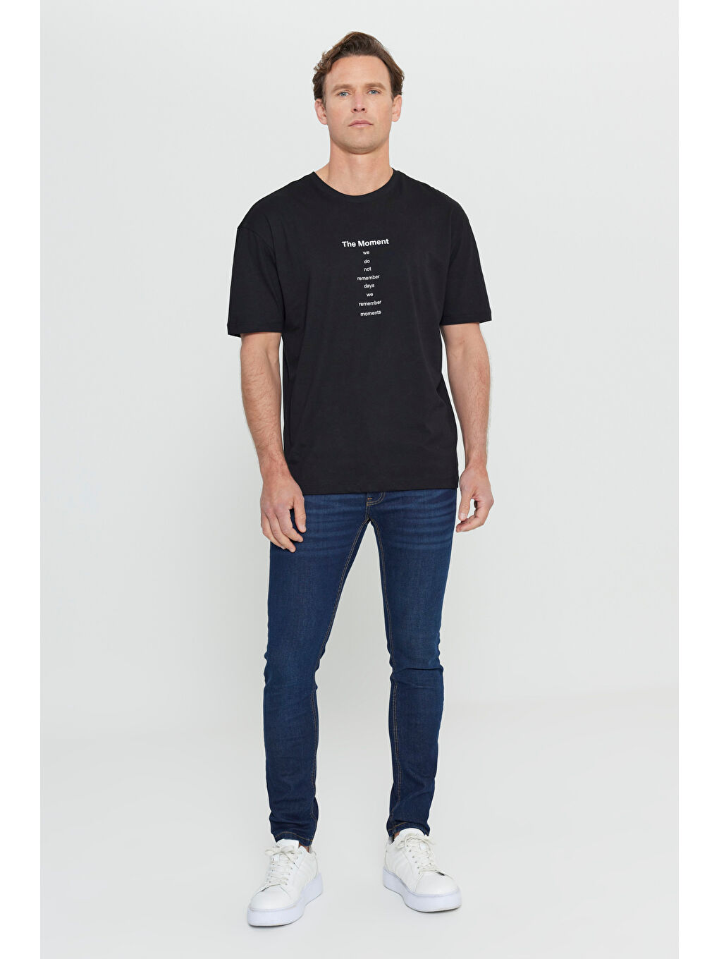 Siyah Erkek Oversize %100 Pamuk Bol Kesim Bisiklet Yaka Baskılı Tişört-1