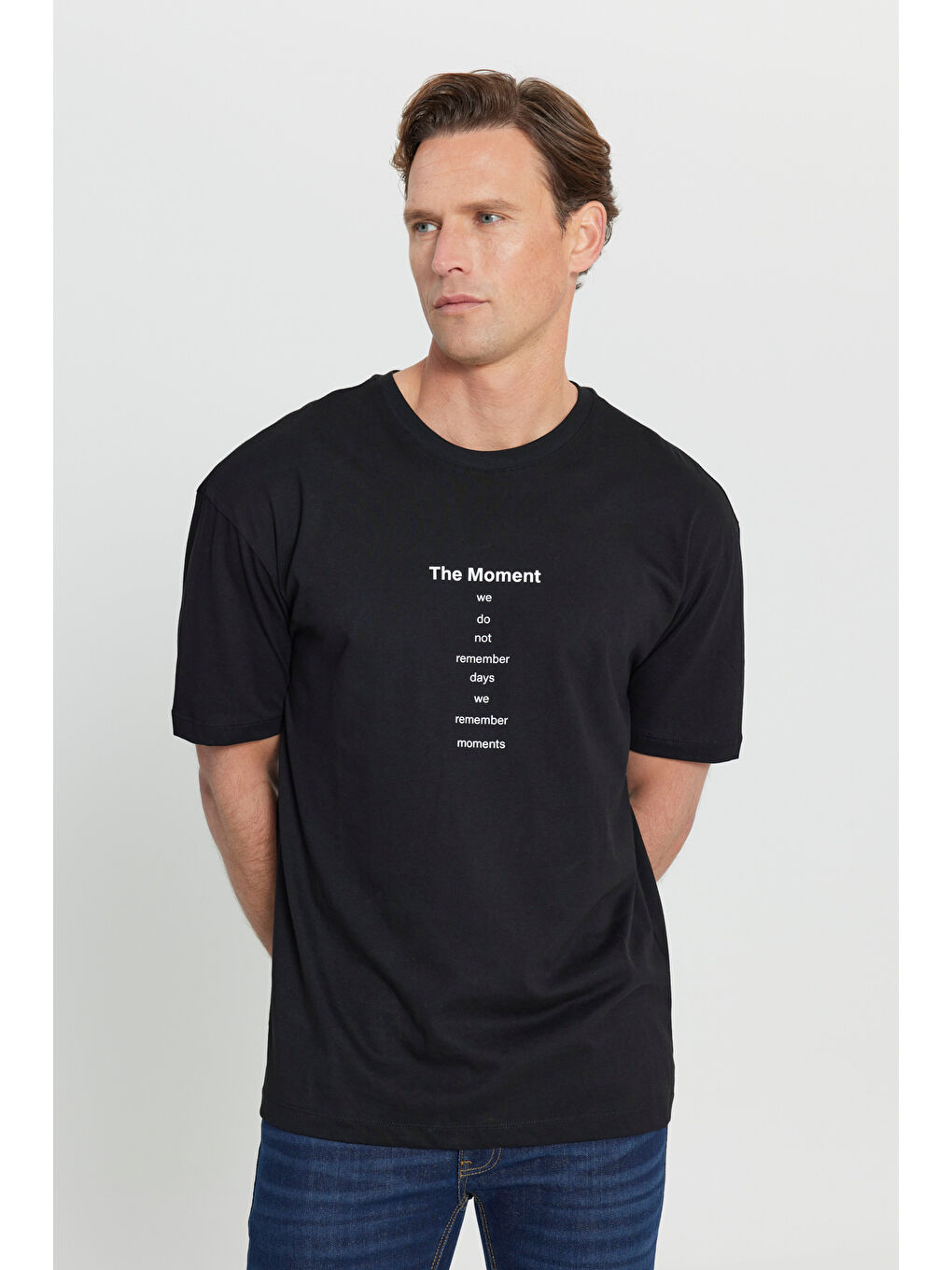 Siyah Erkek Oversize %100 Pamuk Bol Kesim Bisiklet Yaka Baskılı Tişört-2