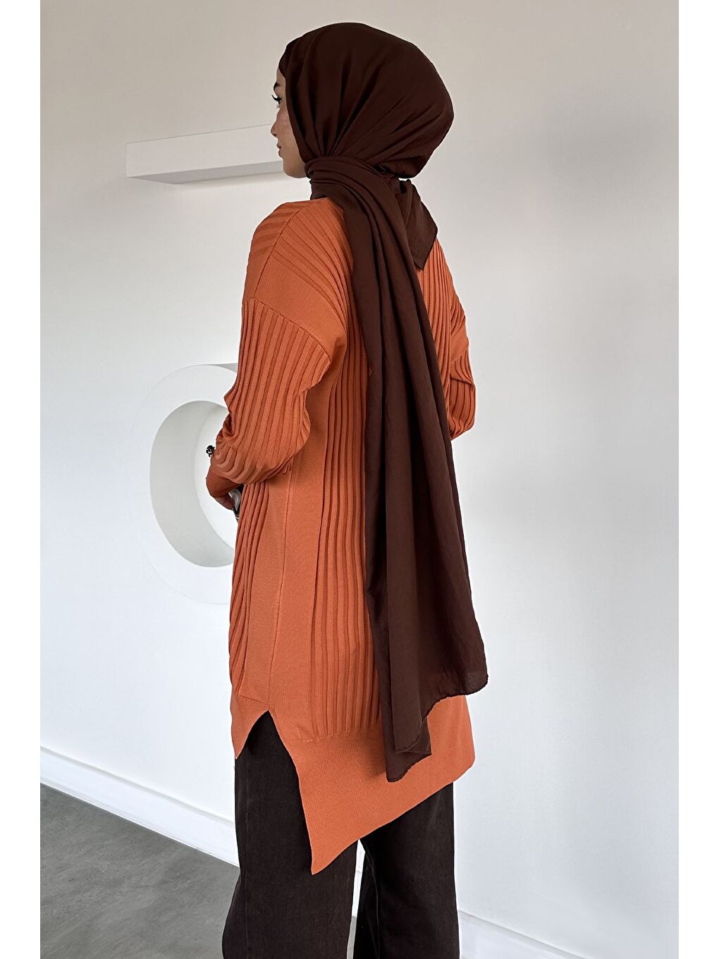 Turuncu Gülseli Bisiklet Yaka Tesettür Triko Tunik-6