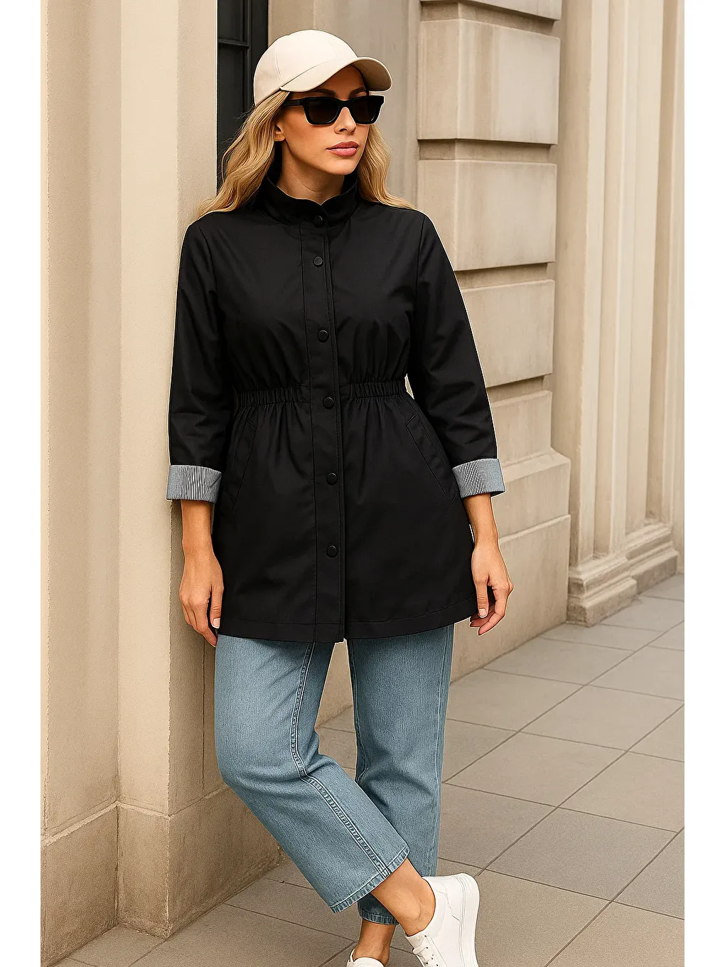 Kadın Premium Fermuarlı Çizgili Siyah Kısa Trençkot-2