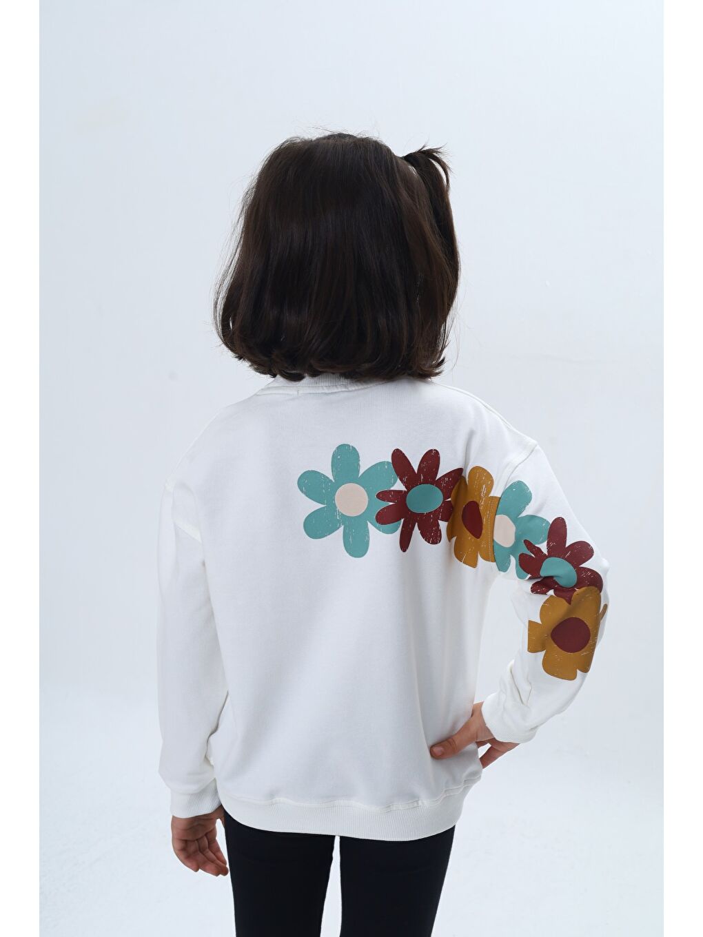 Ekru Kız Çocuk Arka Kol Baskılı Çiçekli Sweatshirt-5