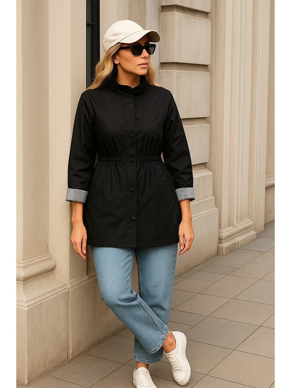 Kadın Premium Fermuarlı Çizgili Siyah Kısa Trençkot-3