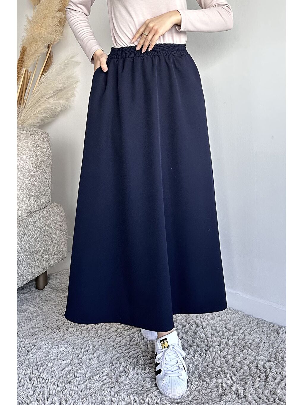 Lacivert Bel Lastikli Cepli Tesettür Etek-3