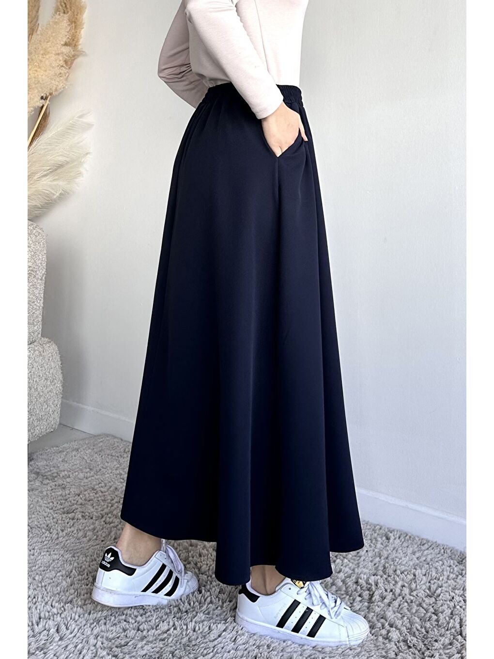 Lacivert Bel Lastikli Cepli Tesettür Etek-4