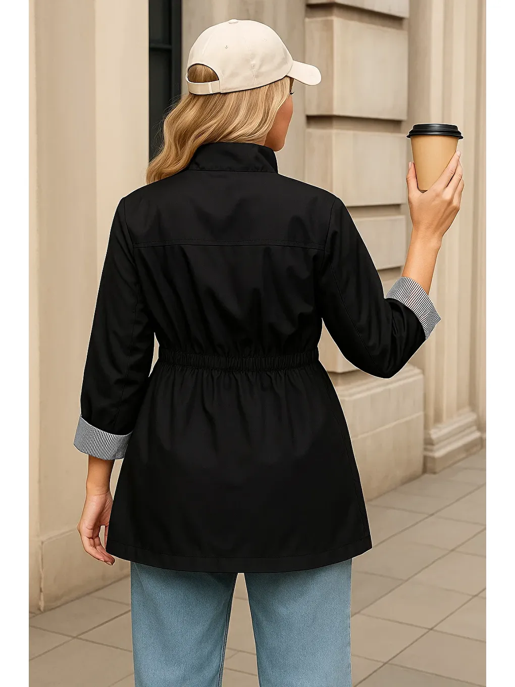 Kadın Premium Fermuarlı Çizgili Siyah Kısa Trençkot-4