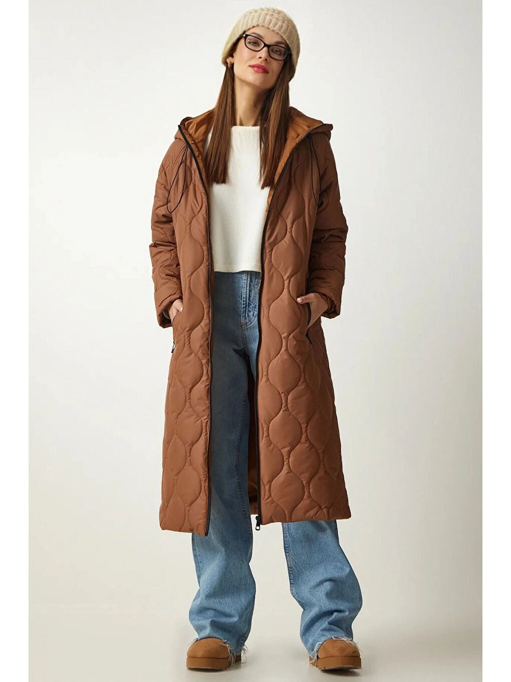 Kahverengi Kadın Çikolata Kapüşonlu Kapitone Uzun Şişme Mont HZL24W-BD151771-1