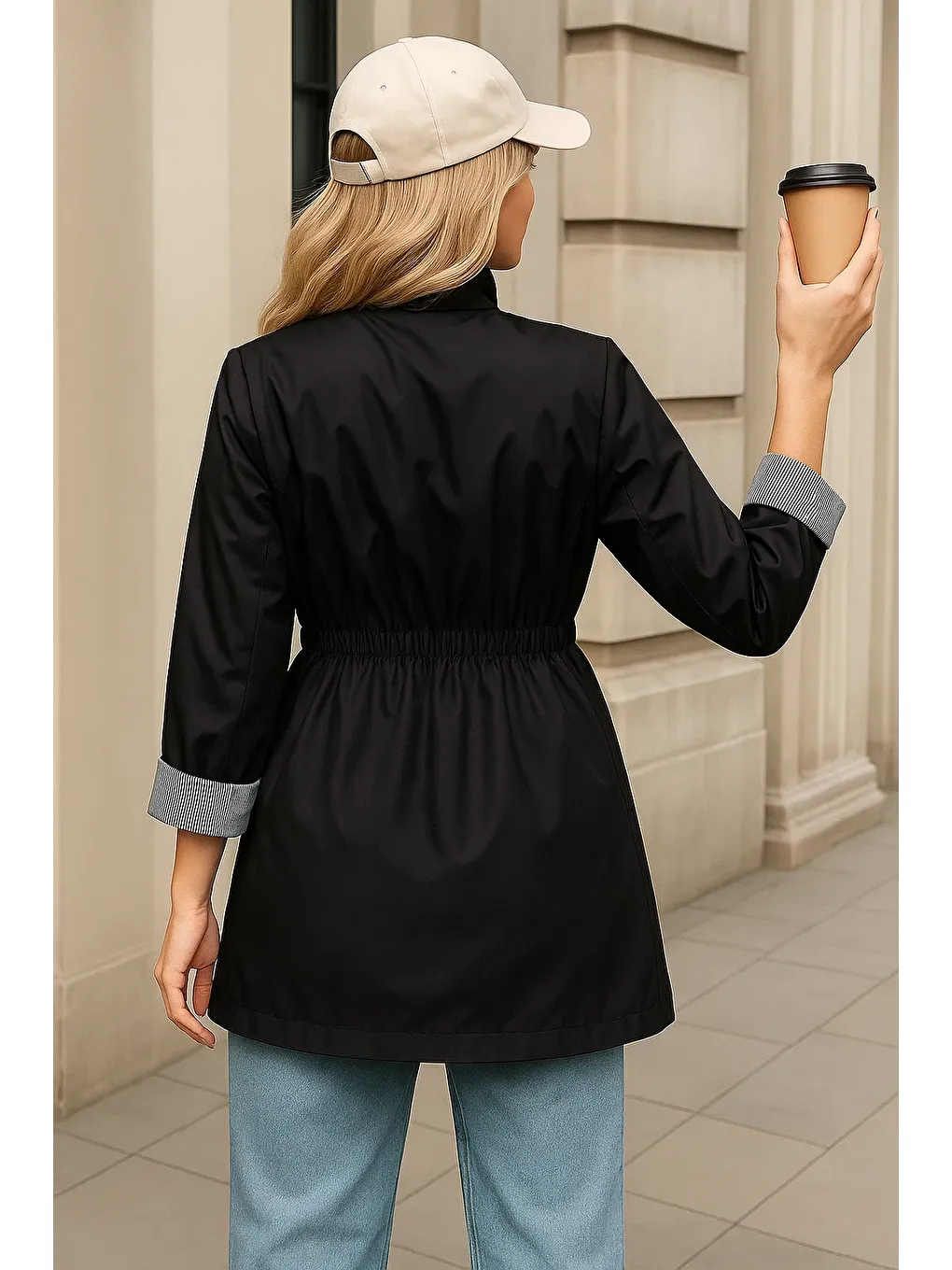 Kadın Premium Fermuarlı Çizgili Siyah Kısa Trençkot-5