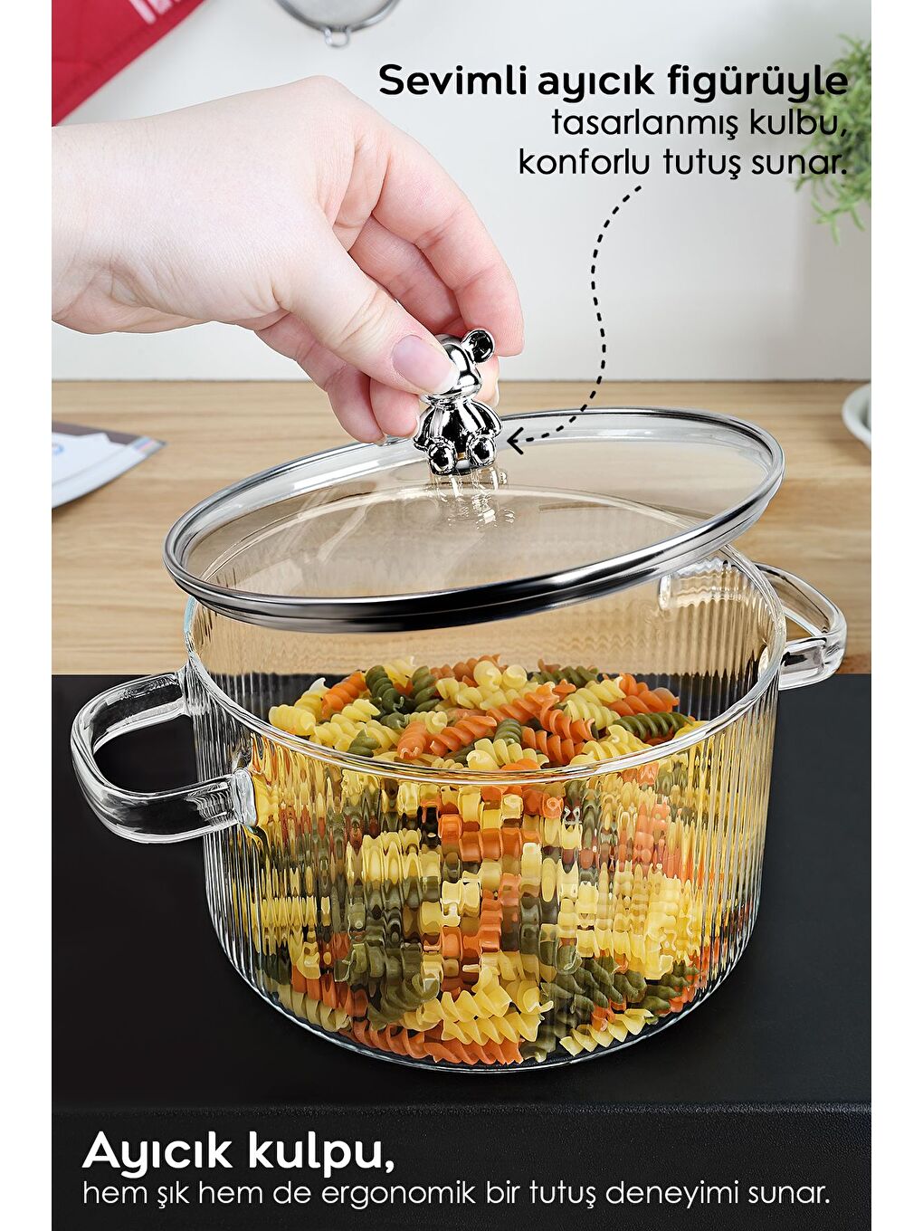 Renksiz Ayıcık Figürlü Borosilikat Cam Tencere Isıya Dayanıklı Ocak Üstü Cam Tencere 1 6 Litre-1