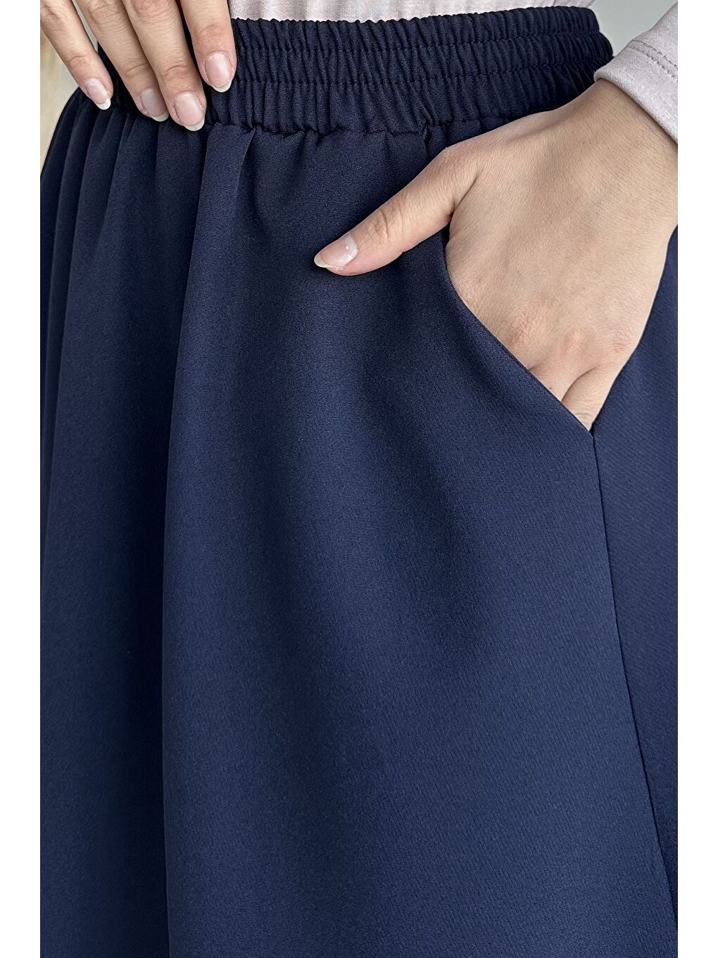 Lacivert Bel Lastikli Cepli Tesettür Etek-7