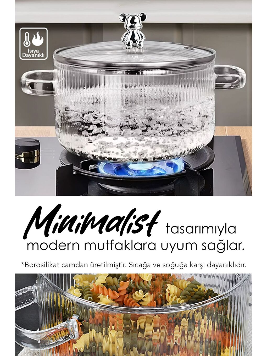 Renksiz Ayıcık Figürlü Borosilikat Cam Tencere Isıya Dayanıklı Ocak Üstü Cam Tencere 1 6 Litre-4