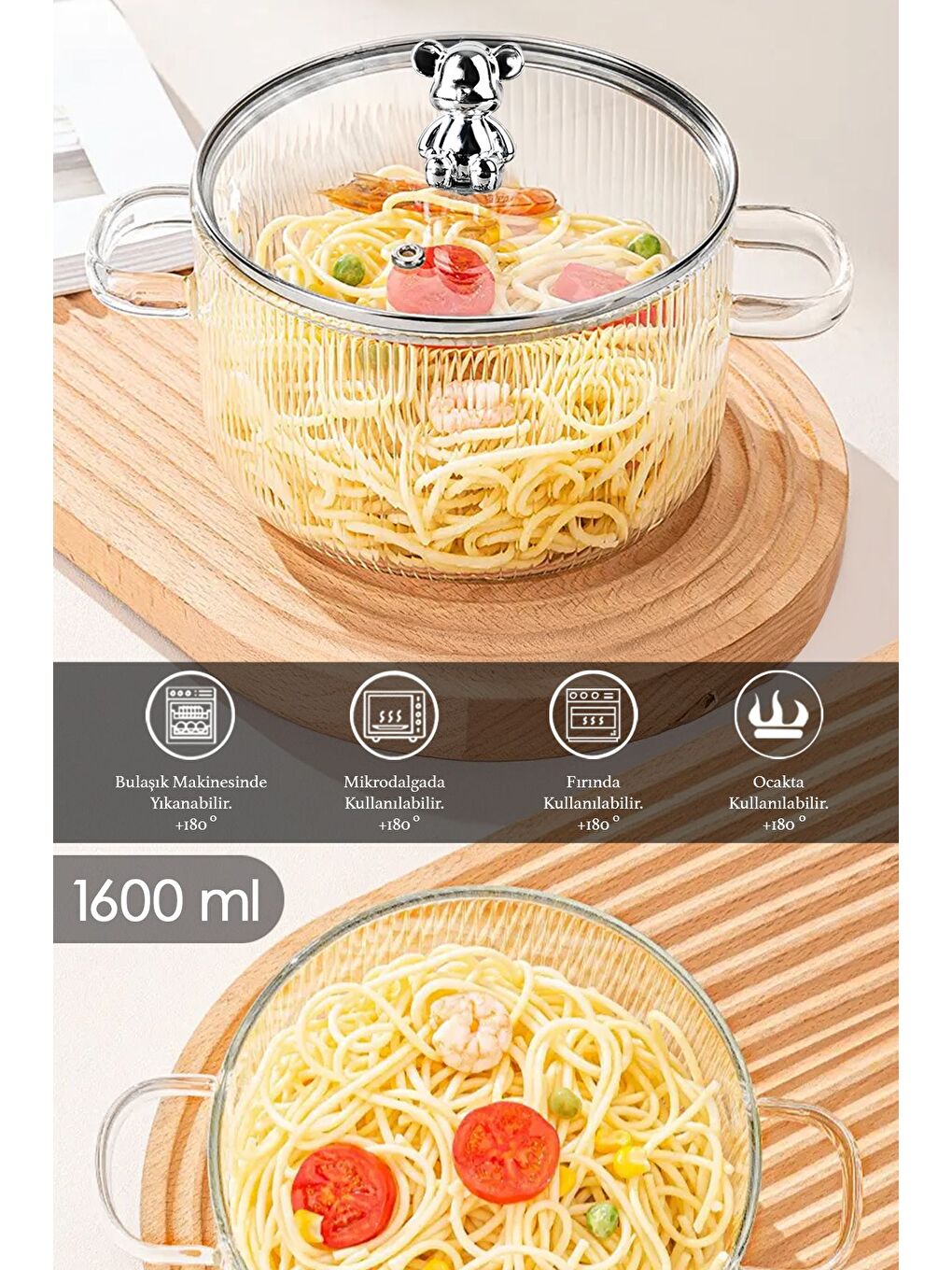 Renksiz Ayıcık Figürlü Borosilikat Cam Tencere Isıya Dayanıklı Ocak Üstü Cam Tencere 1 6 Litre-5