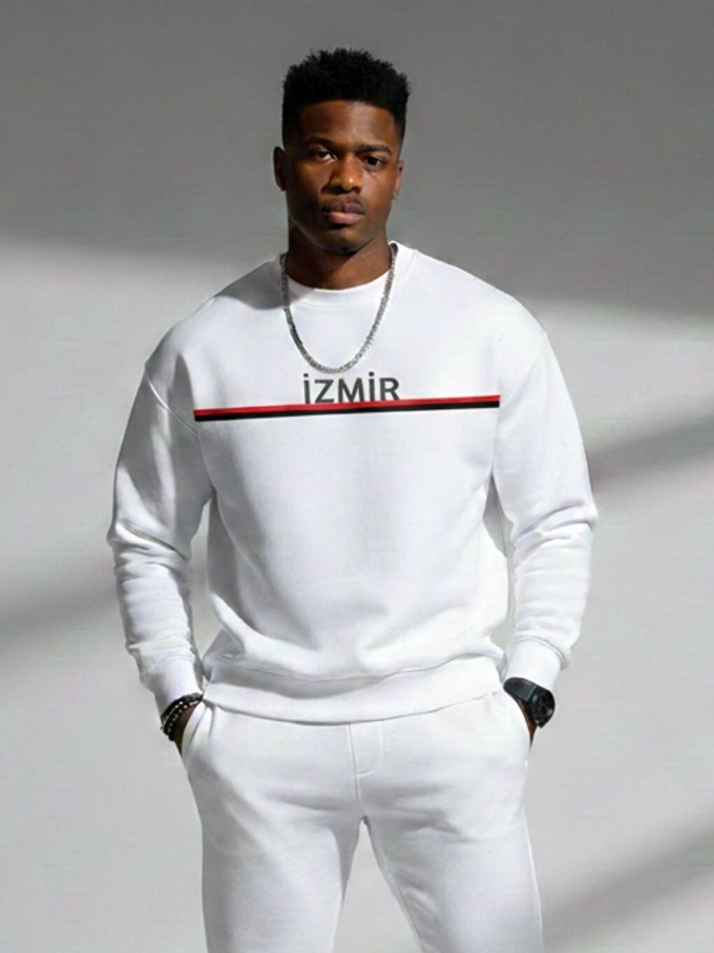 Beyaz İzmir Baskılı Bisiklet Yaka Uzun Kollu Sweatshirt