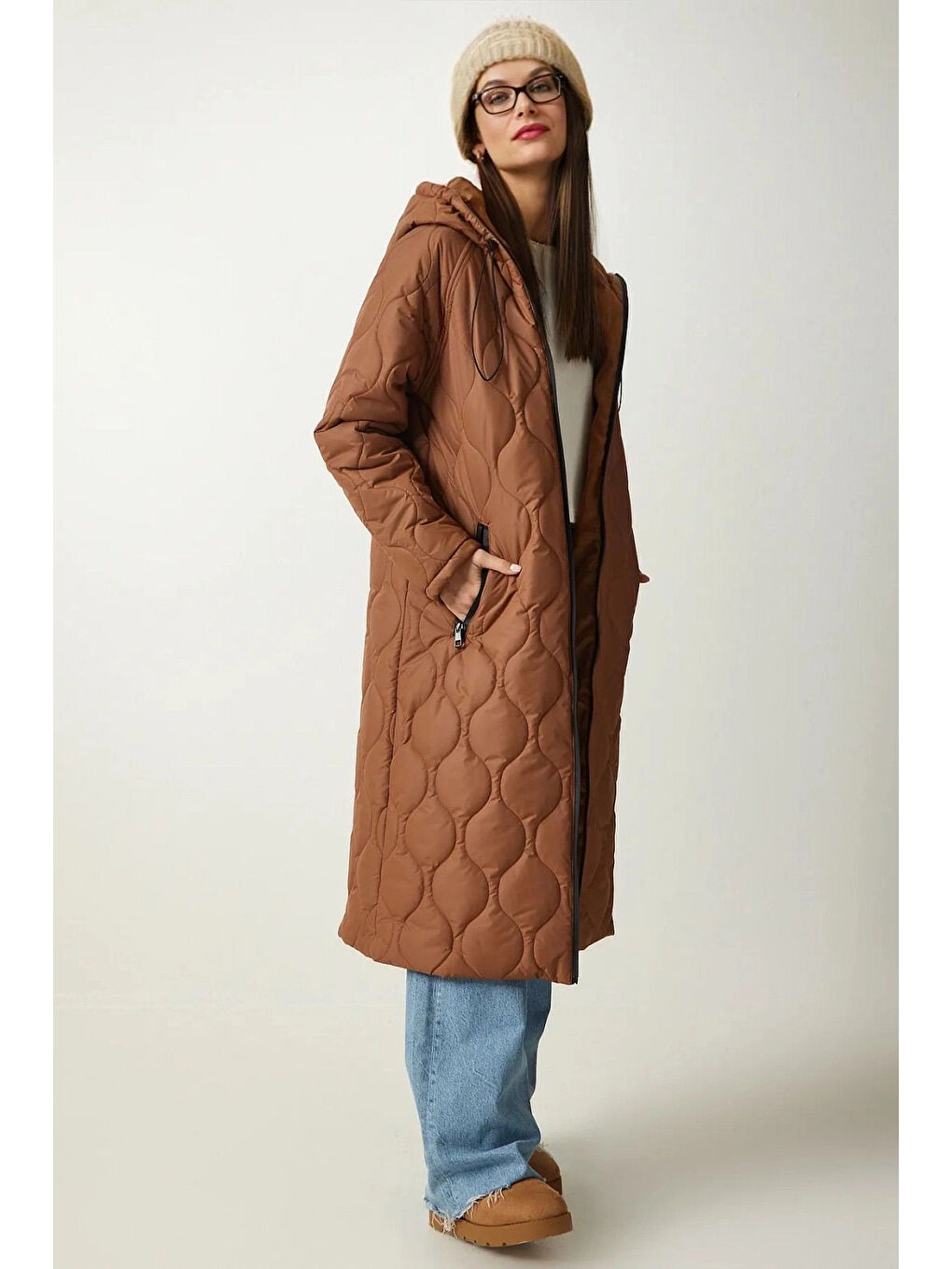 Kahverengi Kadın Çikolata Kapüşonlu Kapitone Uzun Şişme Mont HZL24W-BD151771-3