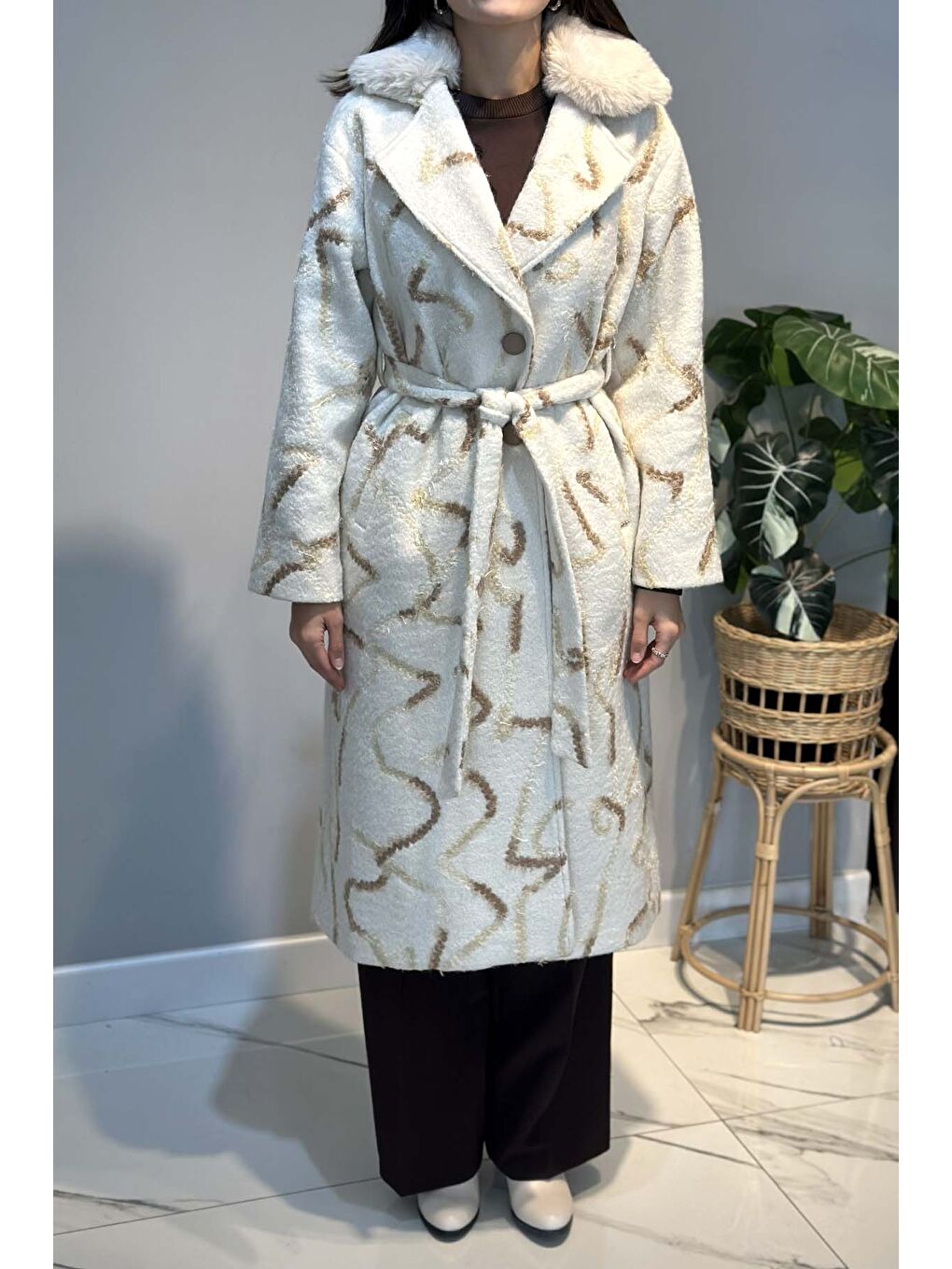 Kadın Laseli Desen Detay Buklet Kaban 6327 Ekru-4