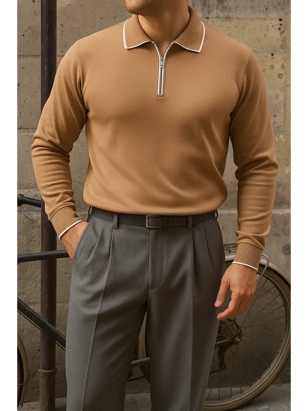 Kahverengi Erkek Günlük Çizgili Trend Kahve Polo Yaka Kazak
