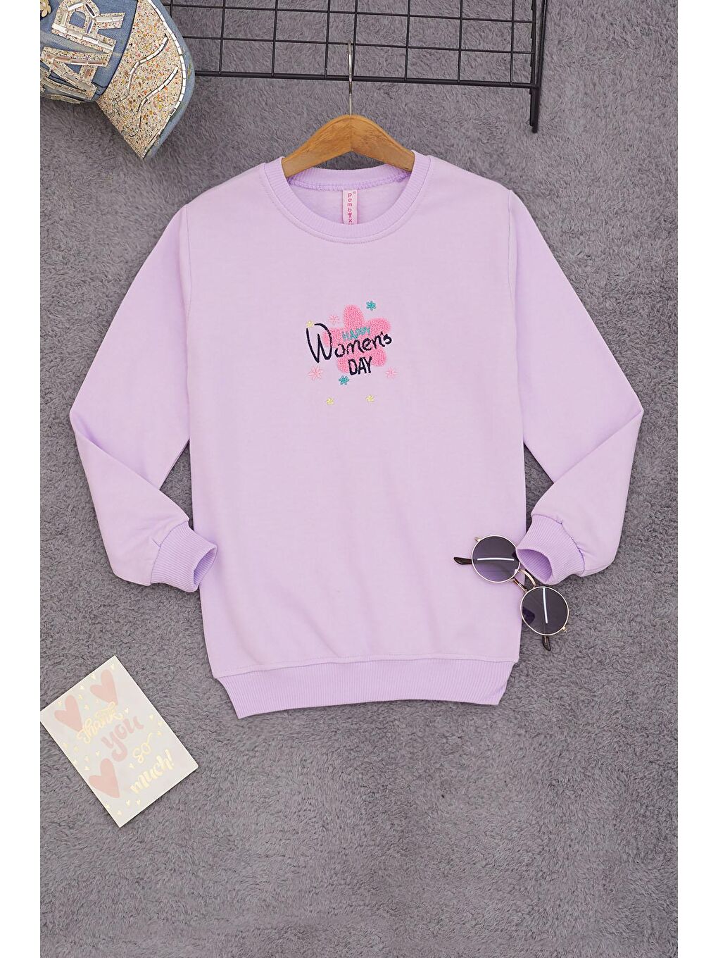 Lila Çiçek Nakışlı Kız Çocuk Kız Çocuk Sweatshirt 17194