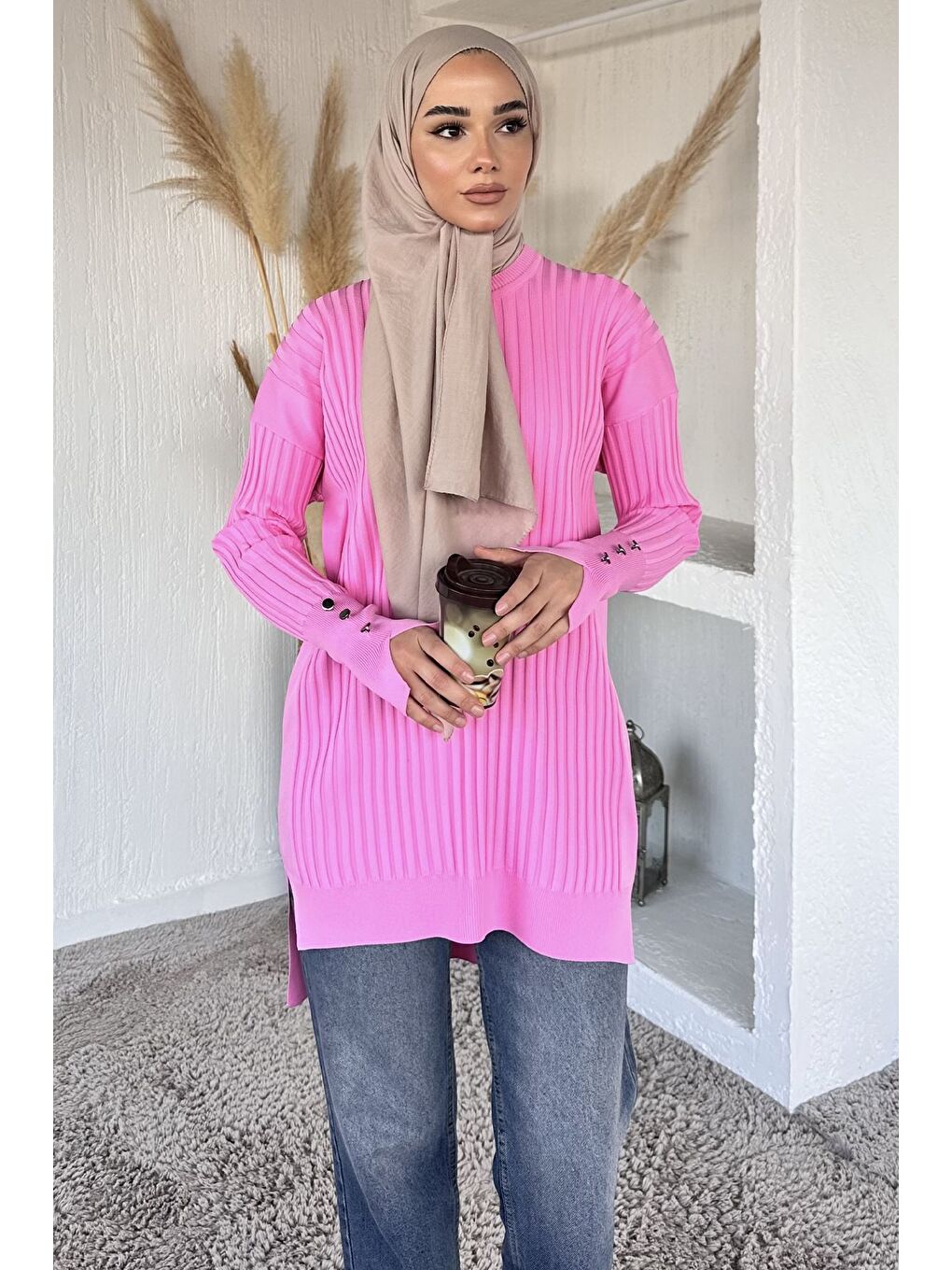 Pembe Gülseli Bisiklet Yaka Tesettür Triko Tunik-2