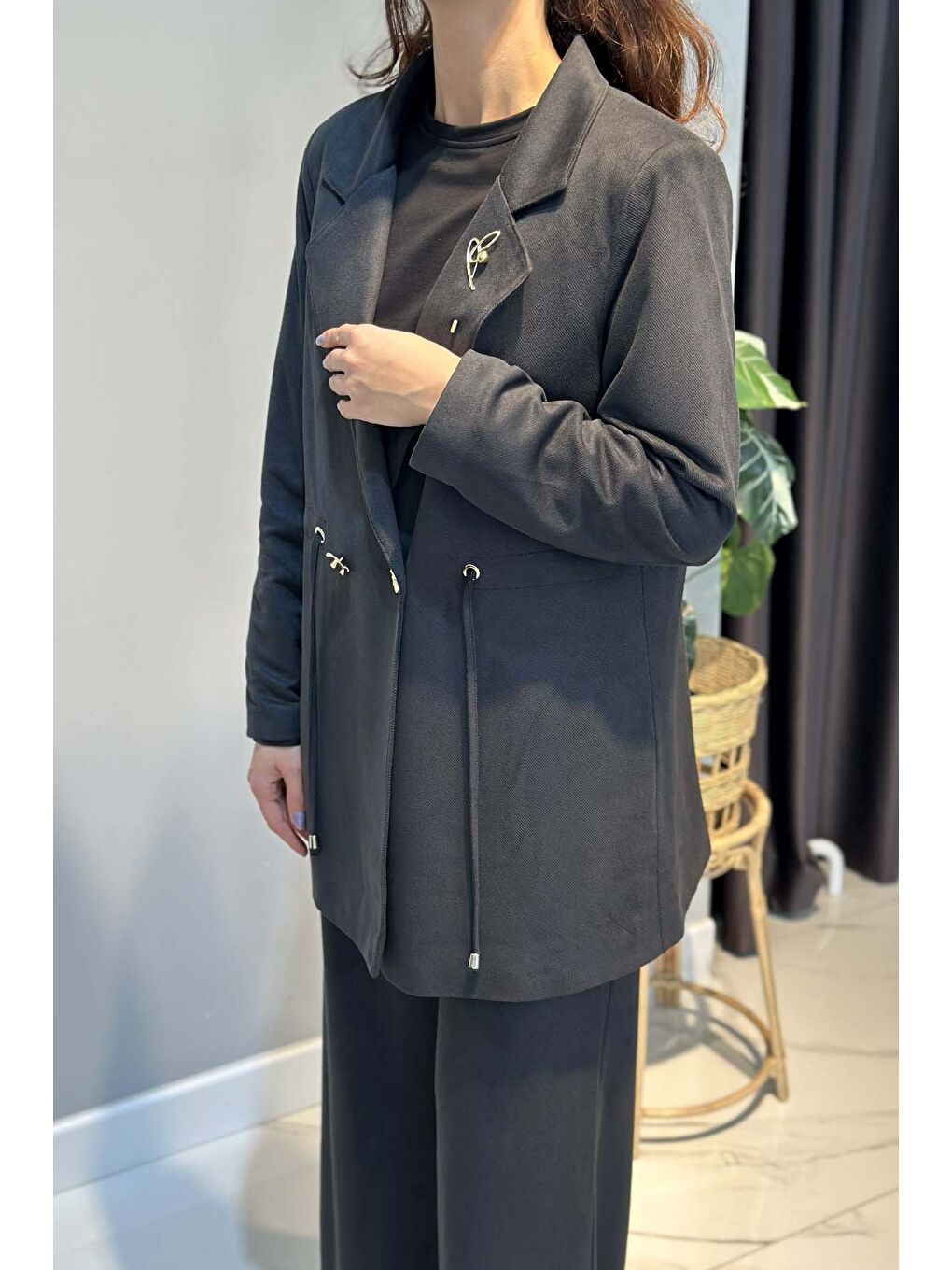 Kadın Örme Cupra Blazer Ceket Pantolon Takım 7372 Siyah-1