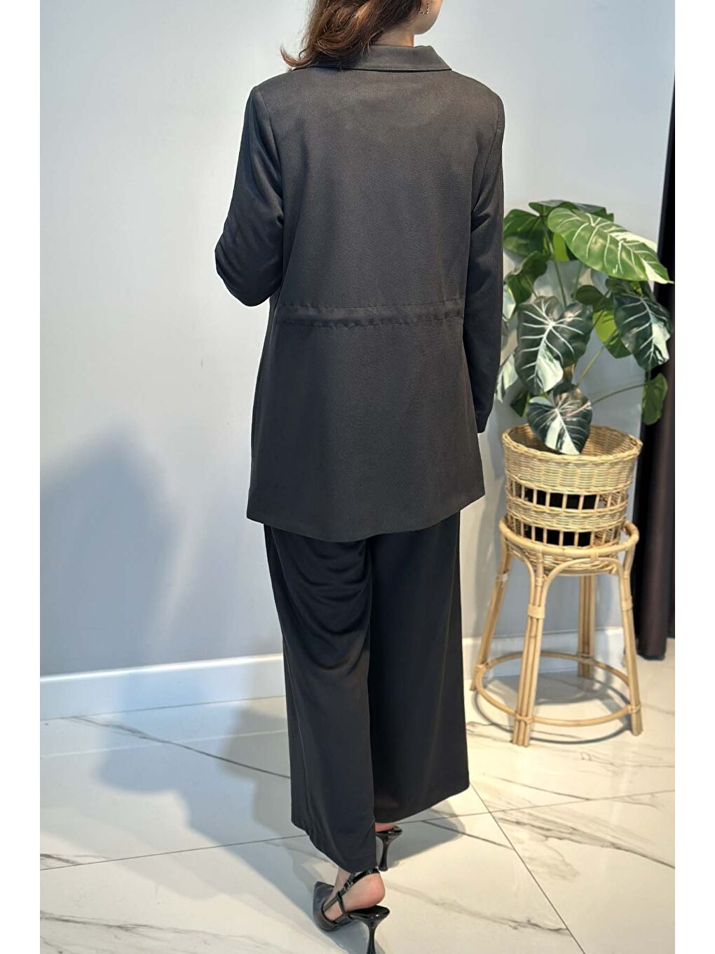 Kadın Örme Cupra Blazer Ceket Pantolon Takım 7372 Siyah-2