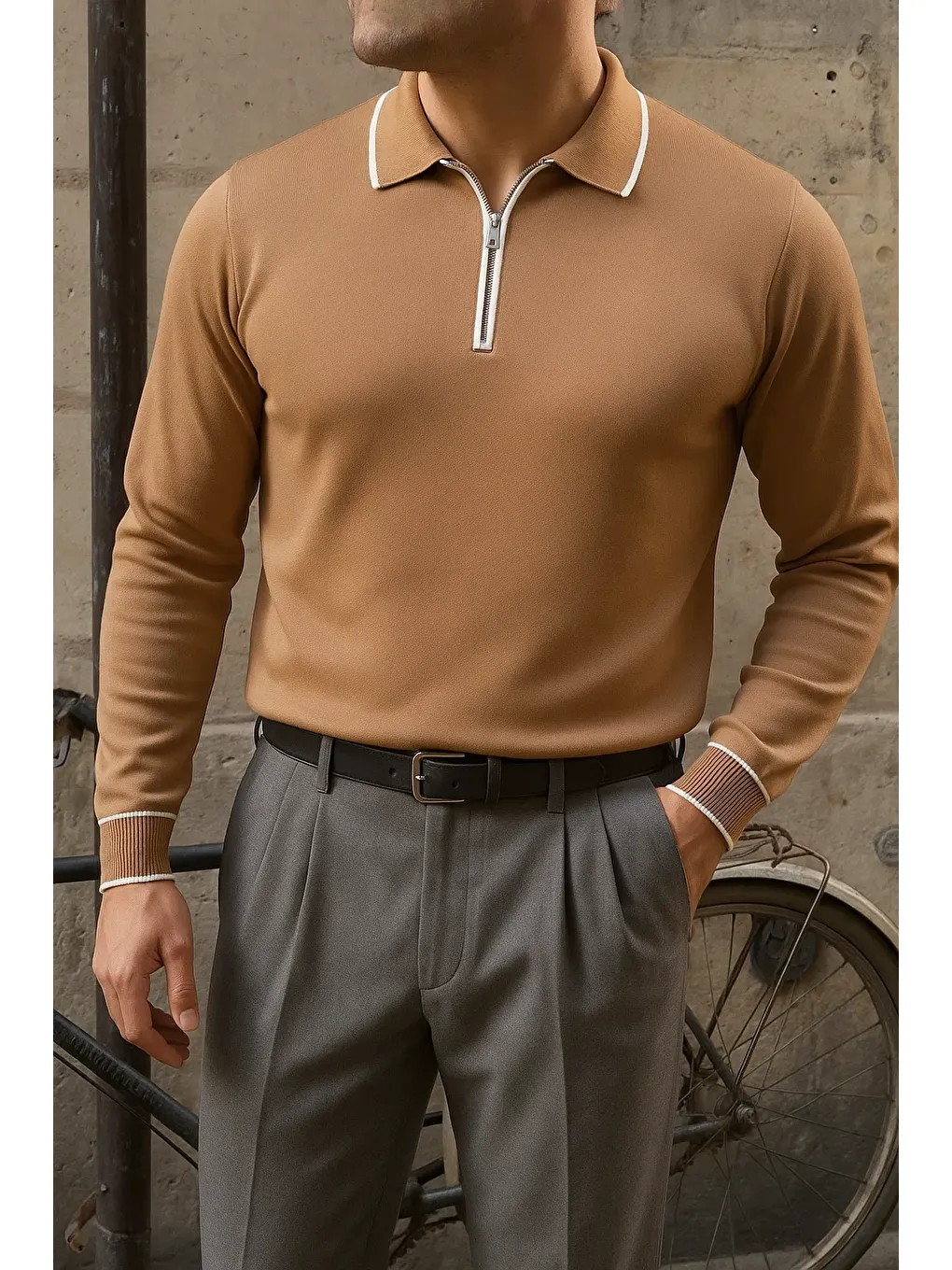 Kahverengi Erkek Günlük Çizgili Trend Kahve Polo Yaka Kazak-1