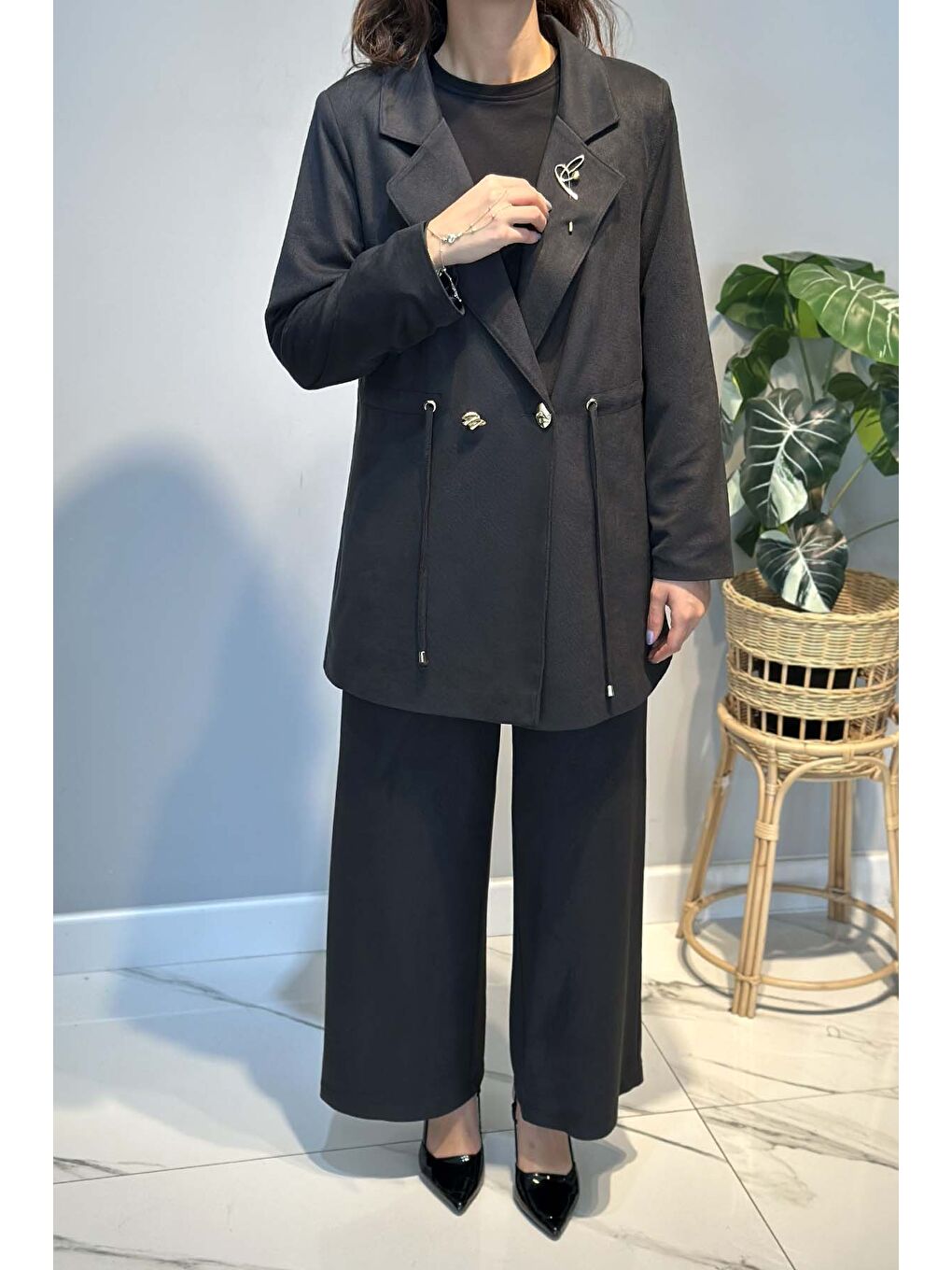 Kadın Örme Cupra Blazer Ceket Pantolon Takım 7372 Siyah-3