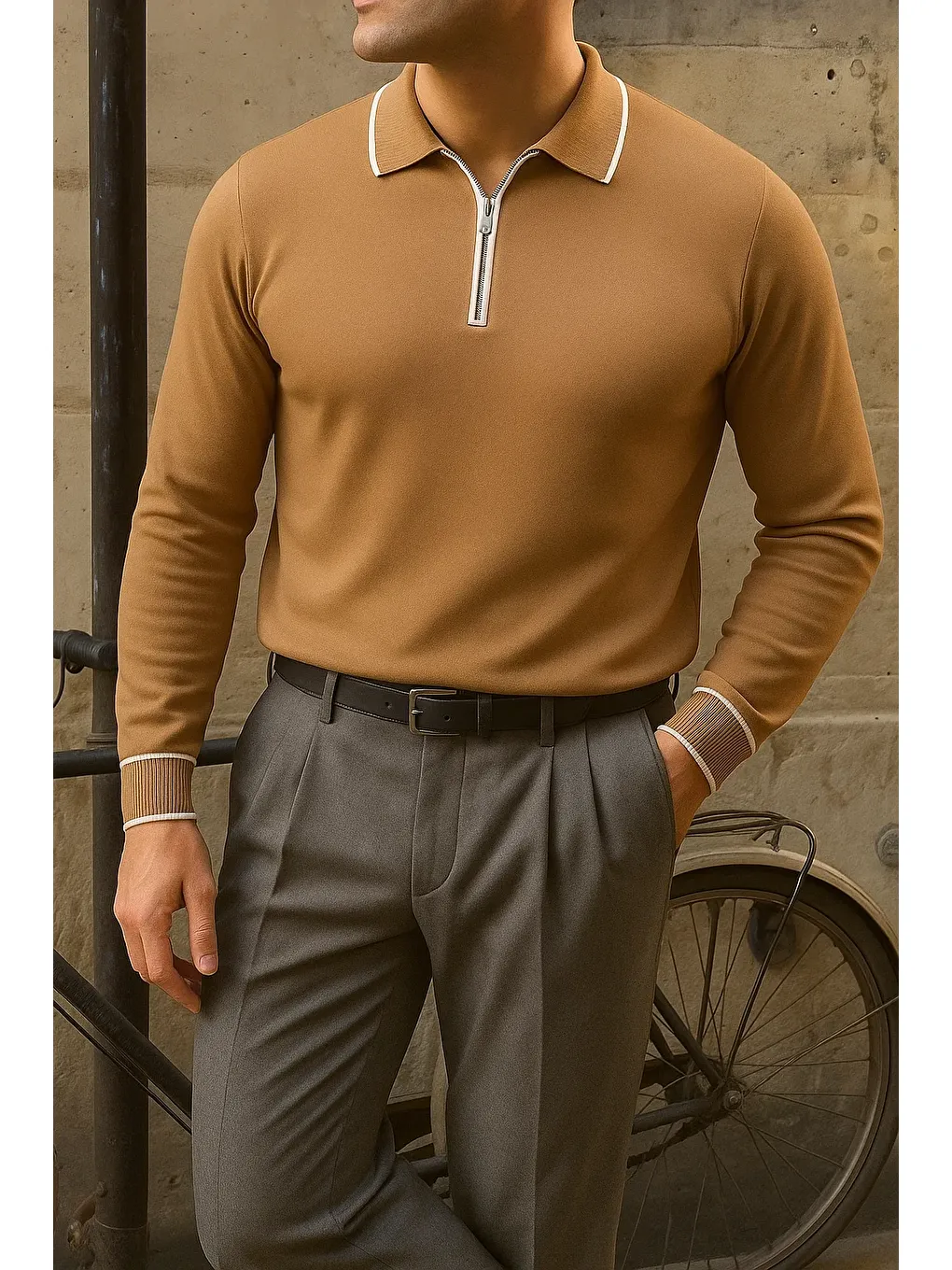 Kahverengi Erkek Günlük Çizgili Trend Kahve Polo Yaka Kazak-2