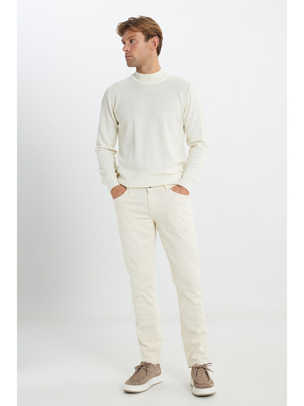 Erkek Ekru Sıcak Tutan Standart Fit Normal Kesim Yarım Balıkçı Yaka Yünlü Triko Kazak-1