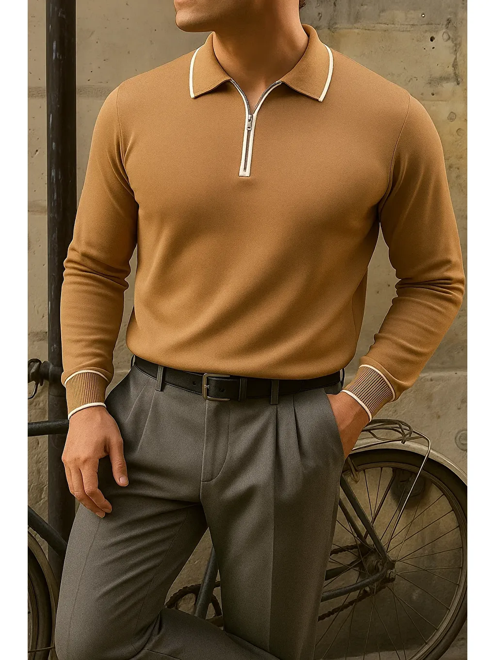 Kahverengi Erkek Günlük Çizgili Trend Kahve Polo Yaka Kazak-3