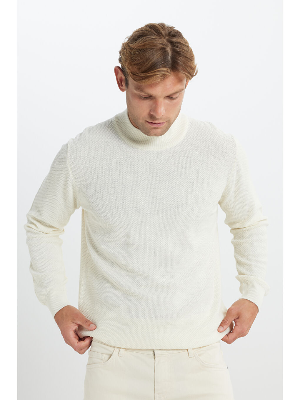Erkek Ekru Sıcak Tutan Standart Fit Normal Kesim Yarım Balıkçı Yaka Yünlü Triko Kazak-3