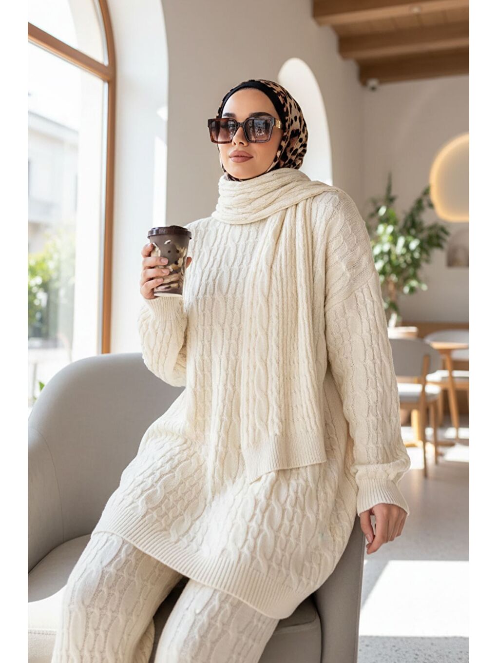 Ekru Saç Örgülü Atkılı Tunik Pantolon Tesettür Triko Üçlü Takım
