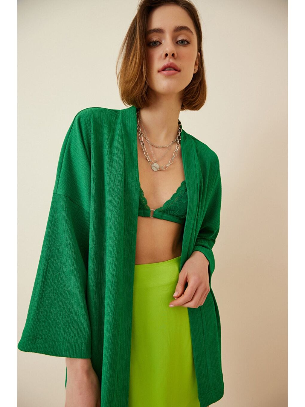 Kadın Yeşil Önü Açık Katlı Yaka Dokulu Mevsimlik Ceket HZL22S-BD158621-2