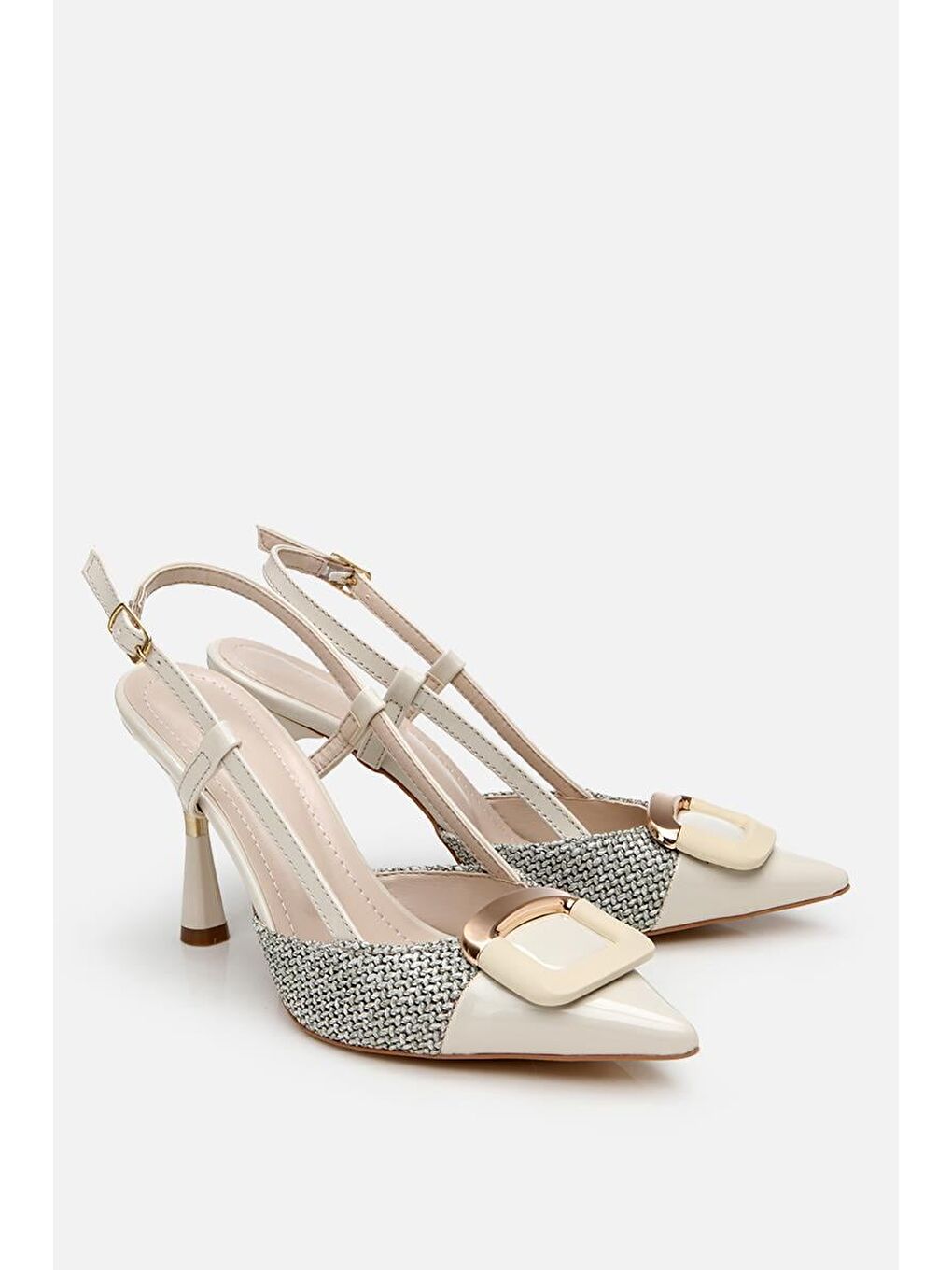 Ekru Kadın Krem Hasır Detaylı Arkası Açık Topuklu Ayakkabı-1