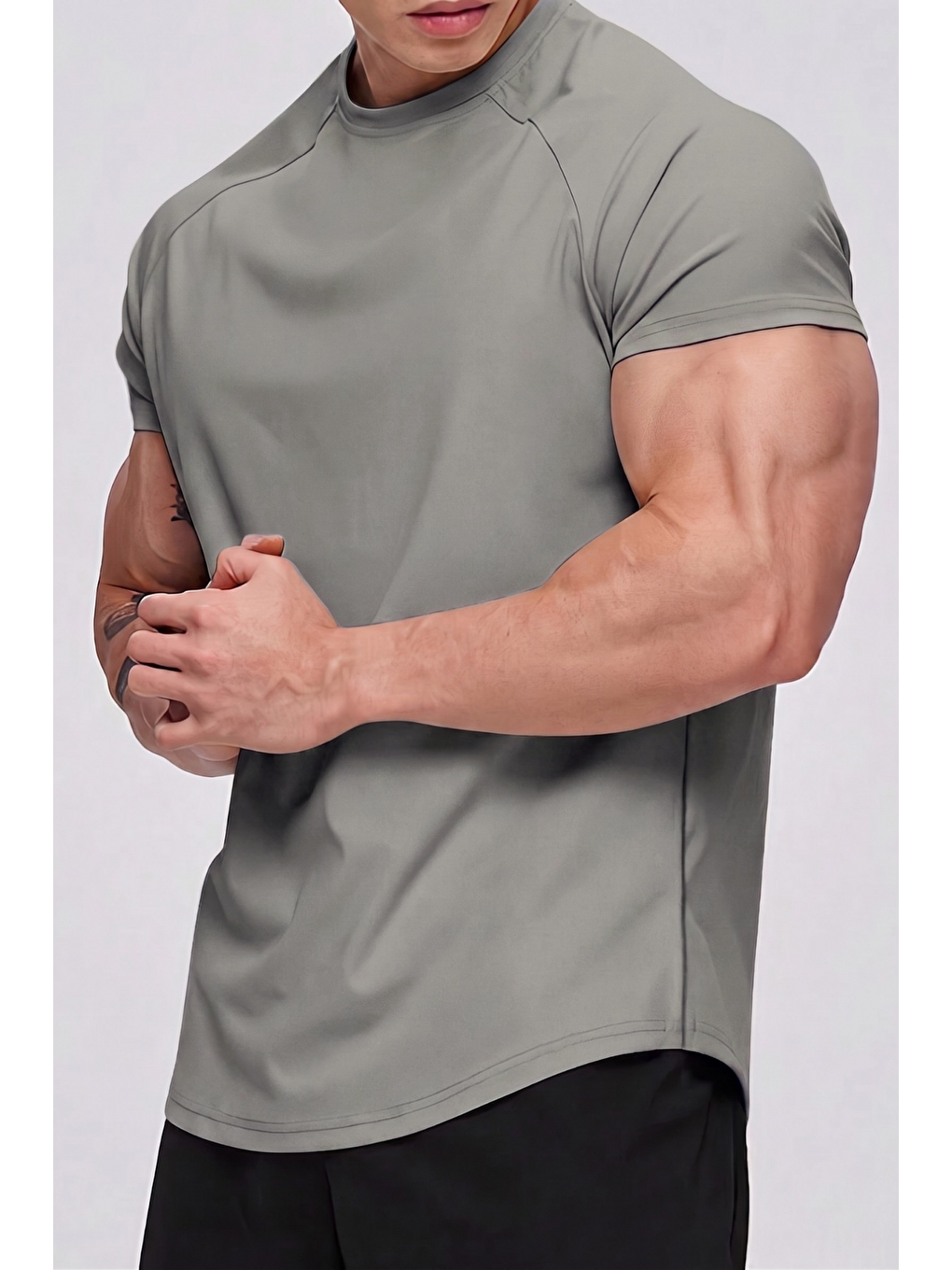 Gri Erkek Spor Tişört Running Sports Gym Reglan Oval Kesim Penye Tişört OVALTişört
