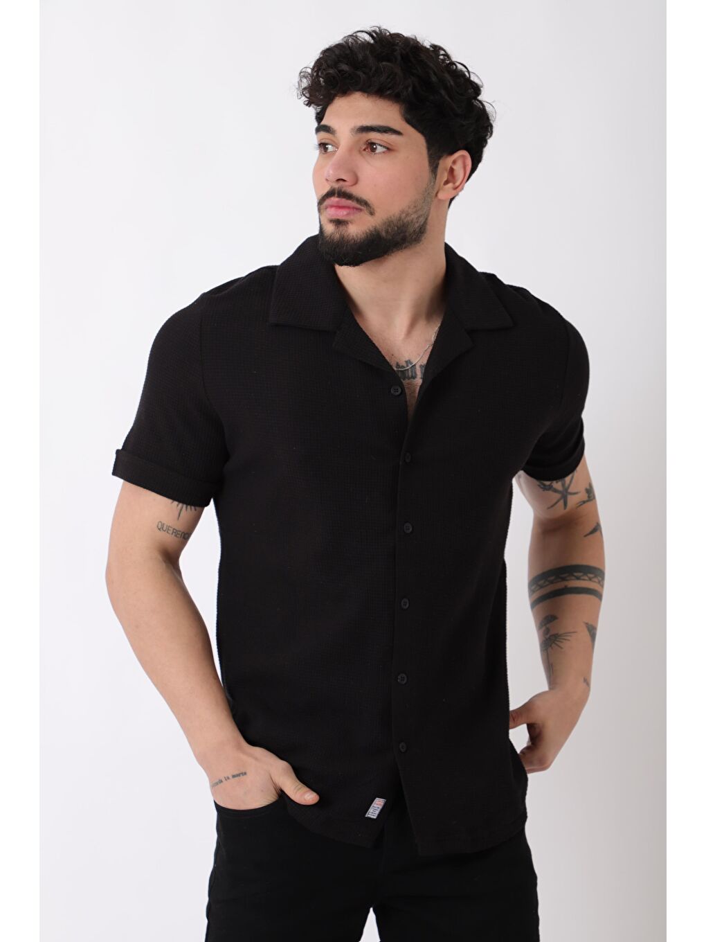 Siyah Waffle Desen Kısa Kol Gömlek JS C-157_40360