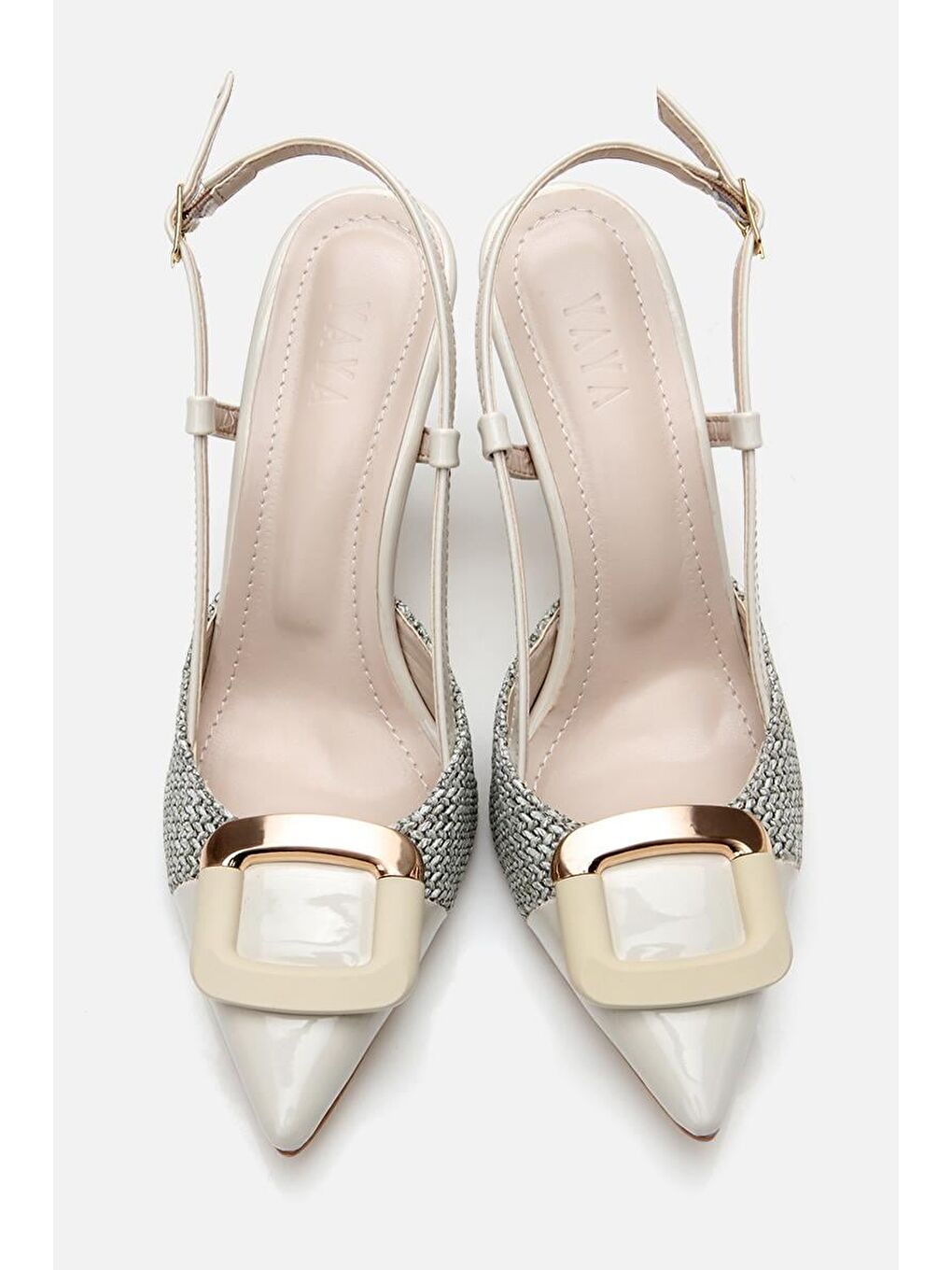 Ekru Kadın Krem Hasır Detaylı Arkası Açık Topuklu Ayakkabı-4