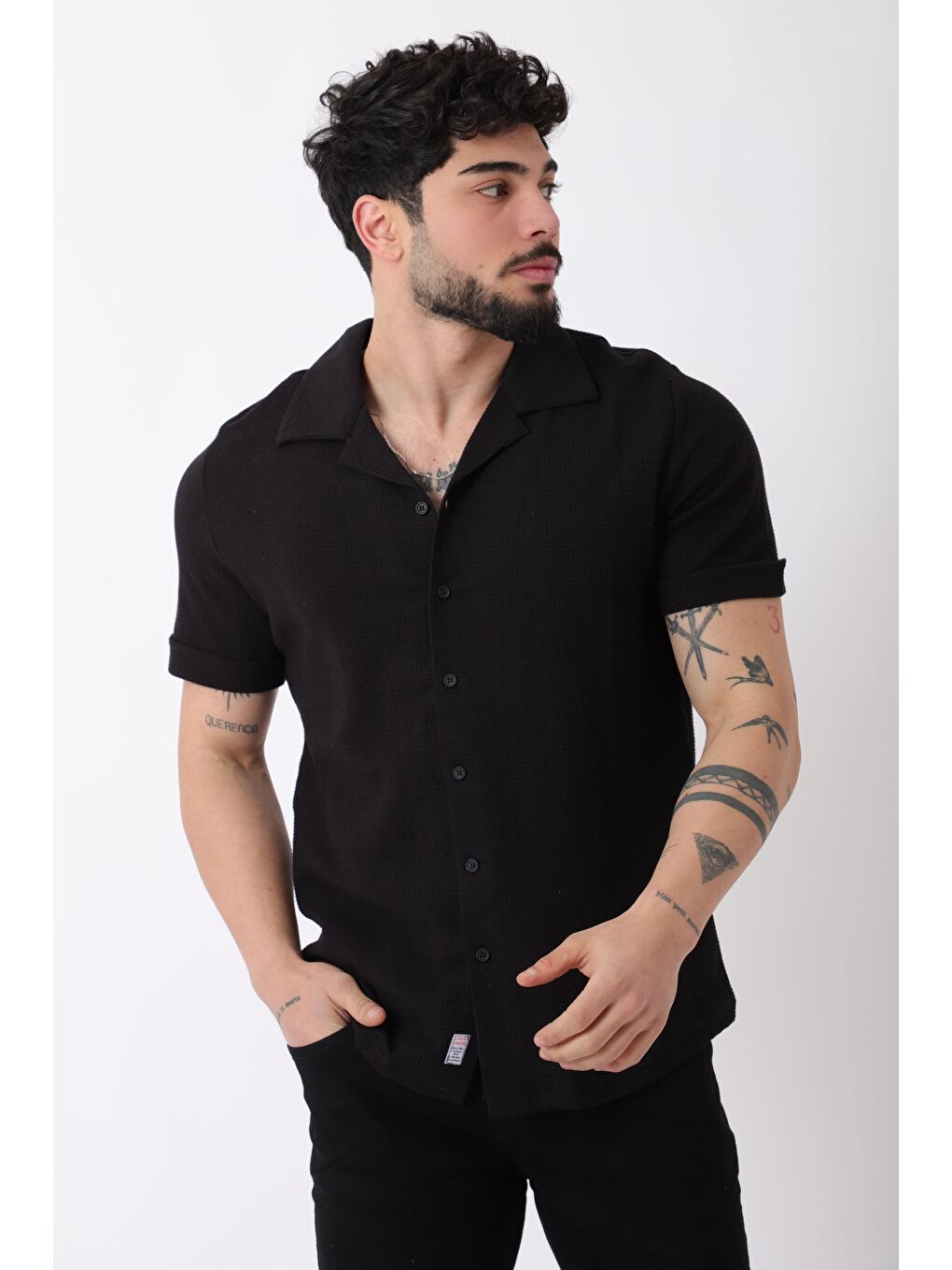 Siyah Waffle Desen Kısa Kol Gömlek JS C-157_40360-1