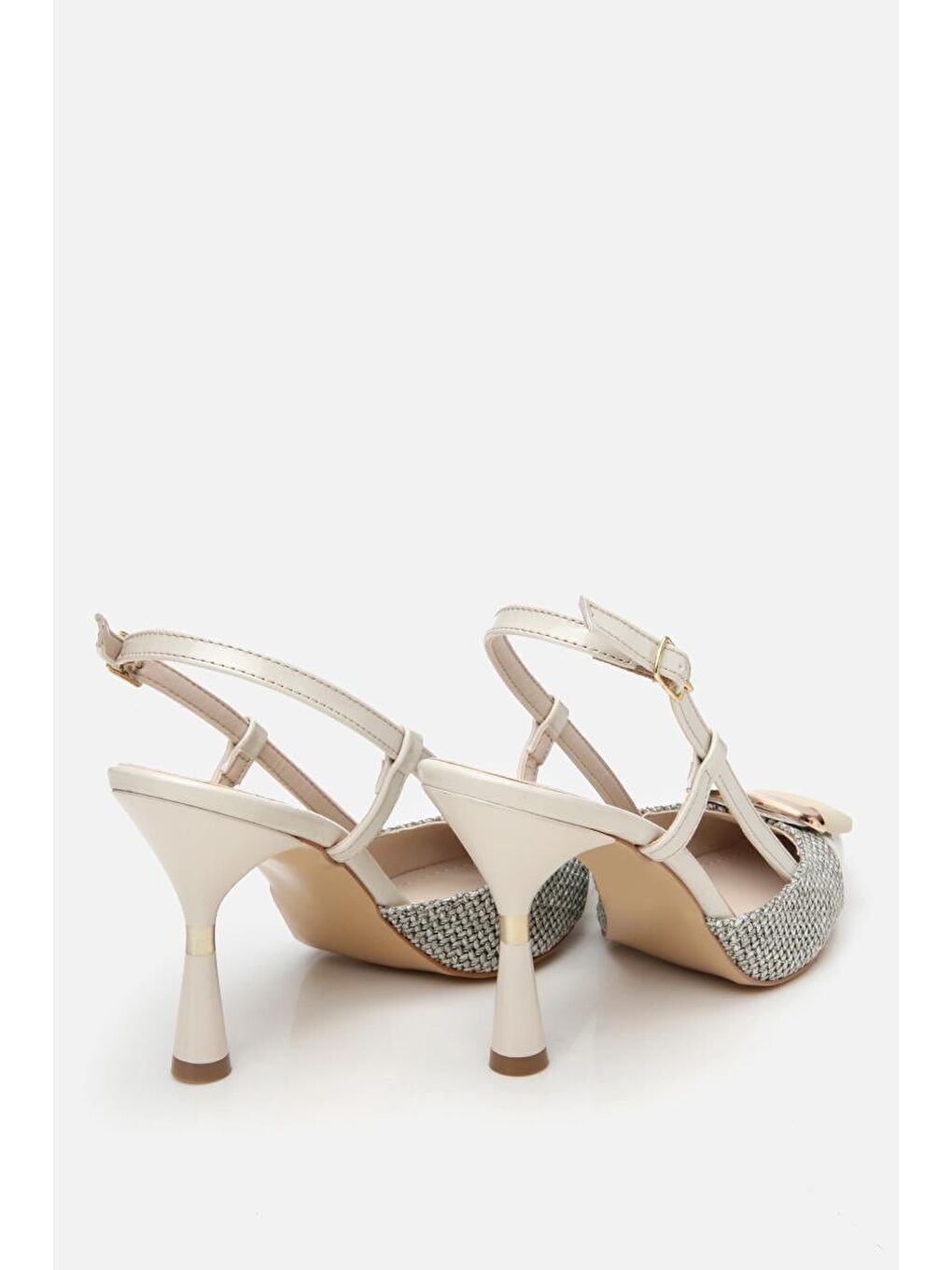 Ekru Kadın Krem Hasır Detaylı Arkası Açık Topuklu Ayakkabı-5