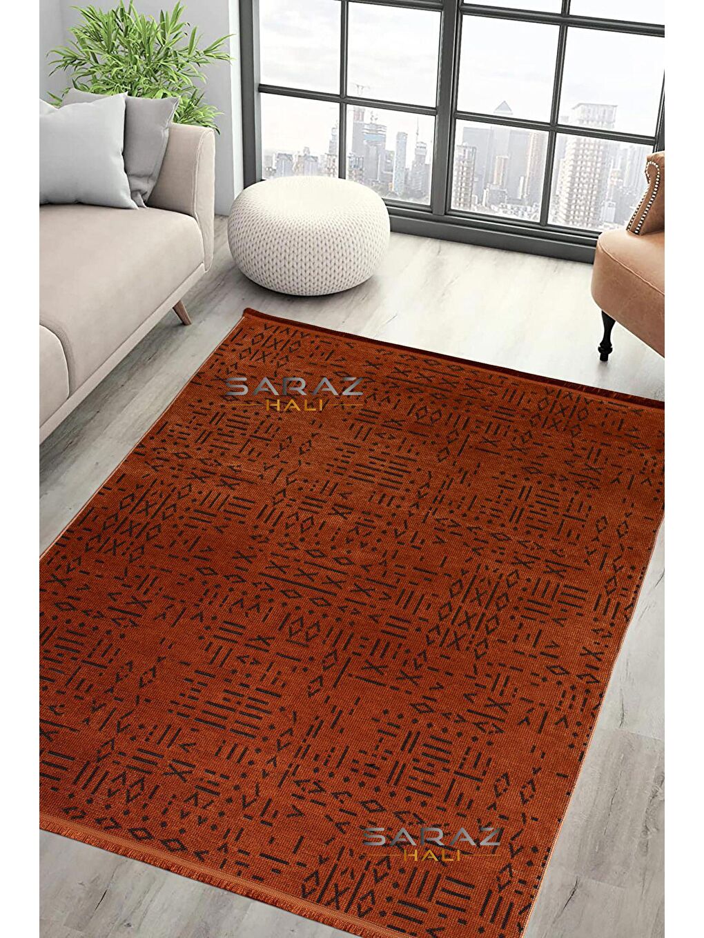 Kahverengi İskandinav Saçaklı Kaymaz Kilim Kiremit 80x150
