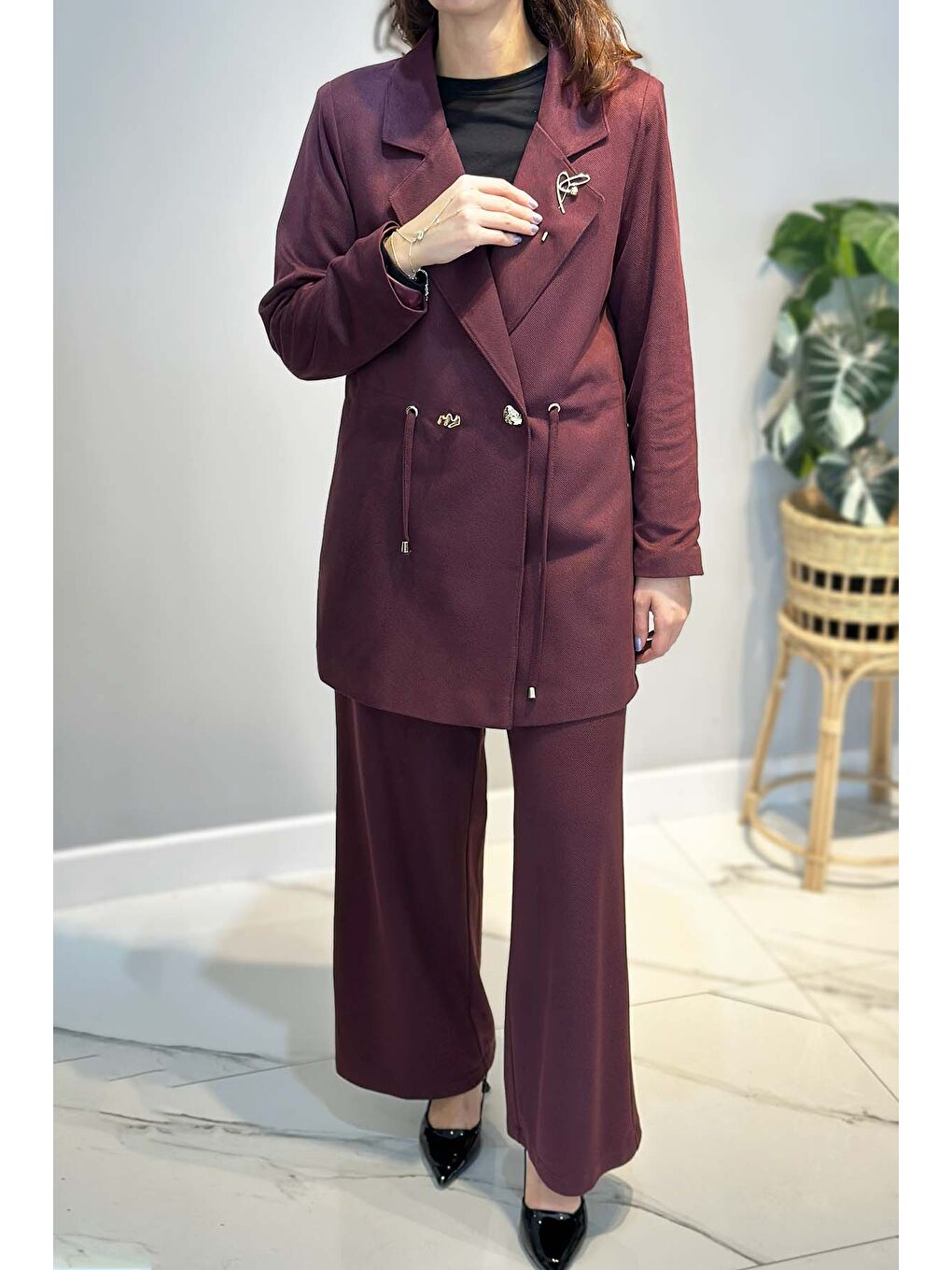 Kadın Örme Cupra Blazer Ceket Pantolon Takım 7372 Bordo
