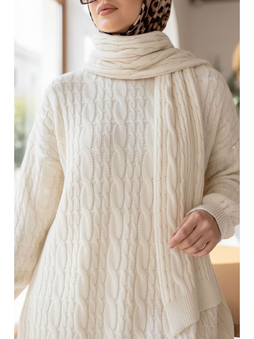 Ekru Saç Örgülü Atkılı Tunik Pantolon Tesettür Triko Üçlü Takım-3