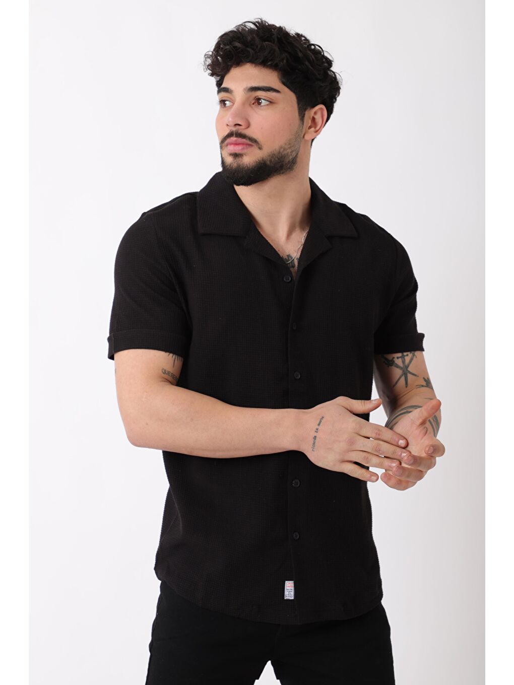 Siyah Waffle Desen Kısa Kol Gömlek JS C-157_40360-2