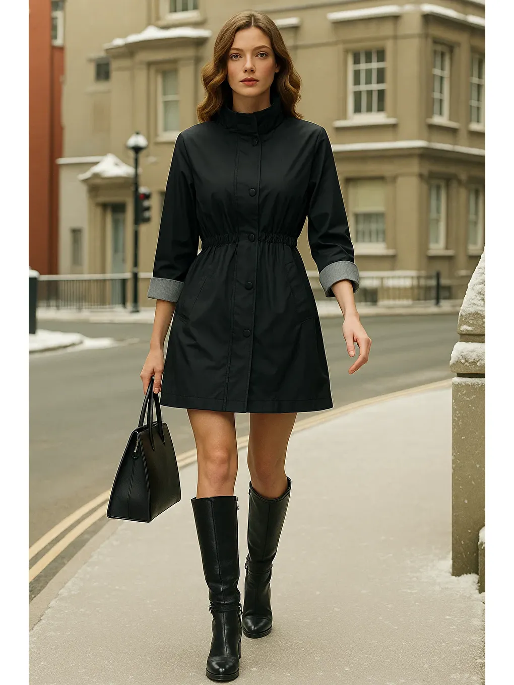 Kadın Kışlık Çizgili Siyah Kısa Trençkot