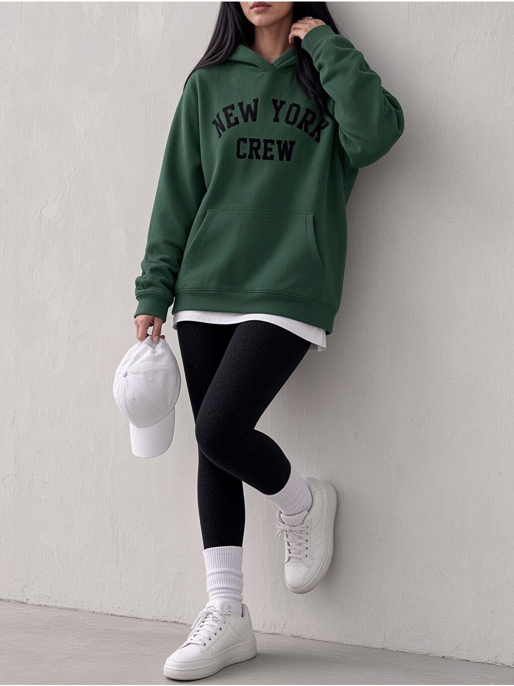 Yeşil Sw Unisex Oversize "new York Crew" Baskılı Kapüşonlu Kanguru Cep Sweatshirt