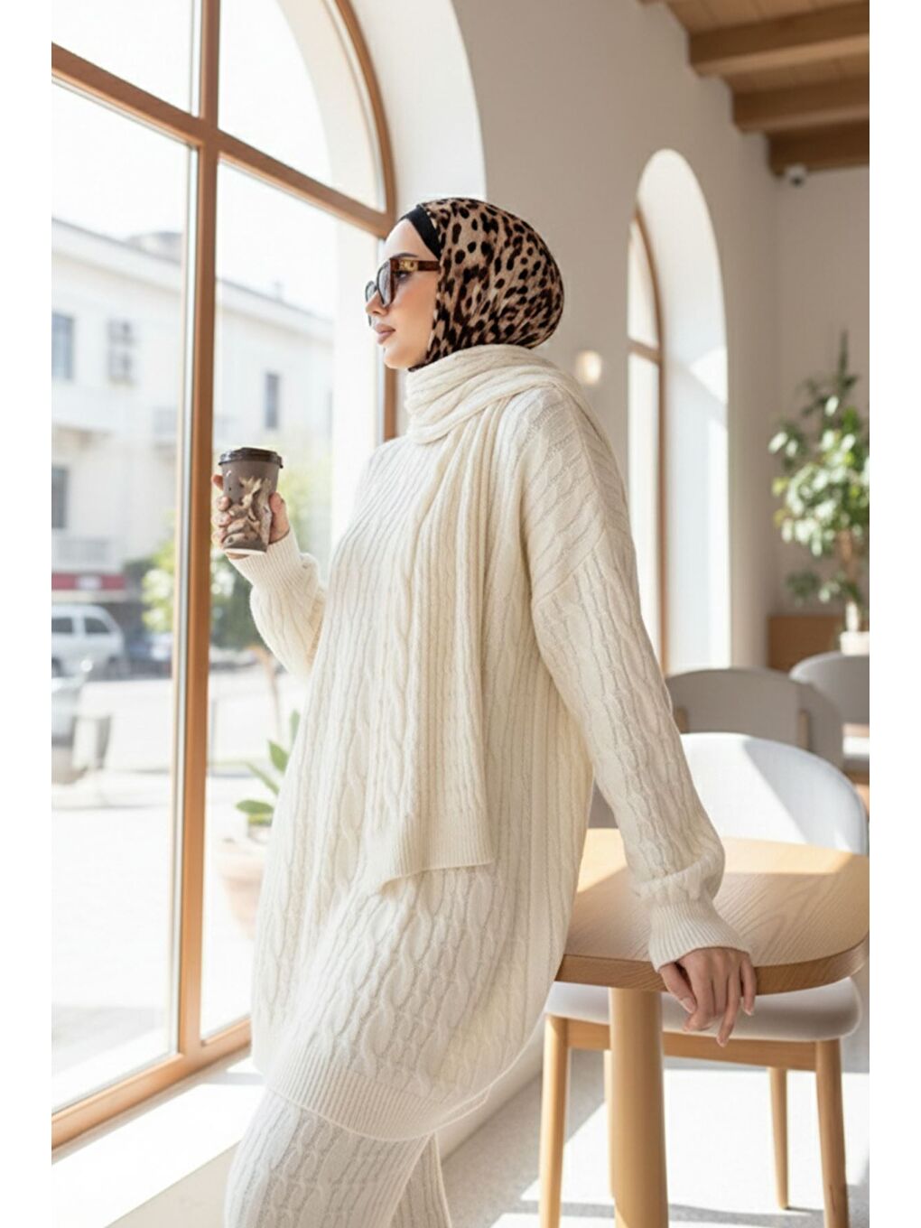 Ekru Saç Örgülü Atkılı Tunik Pantolon Tesettür Triko Üçlü Takım-5