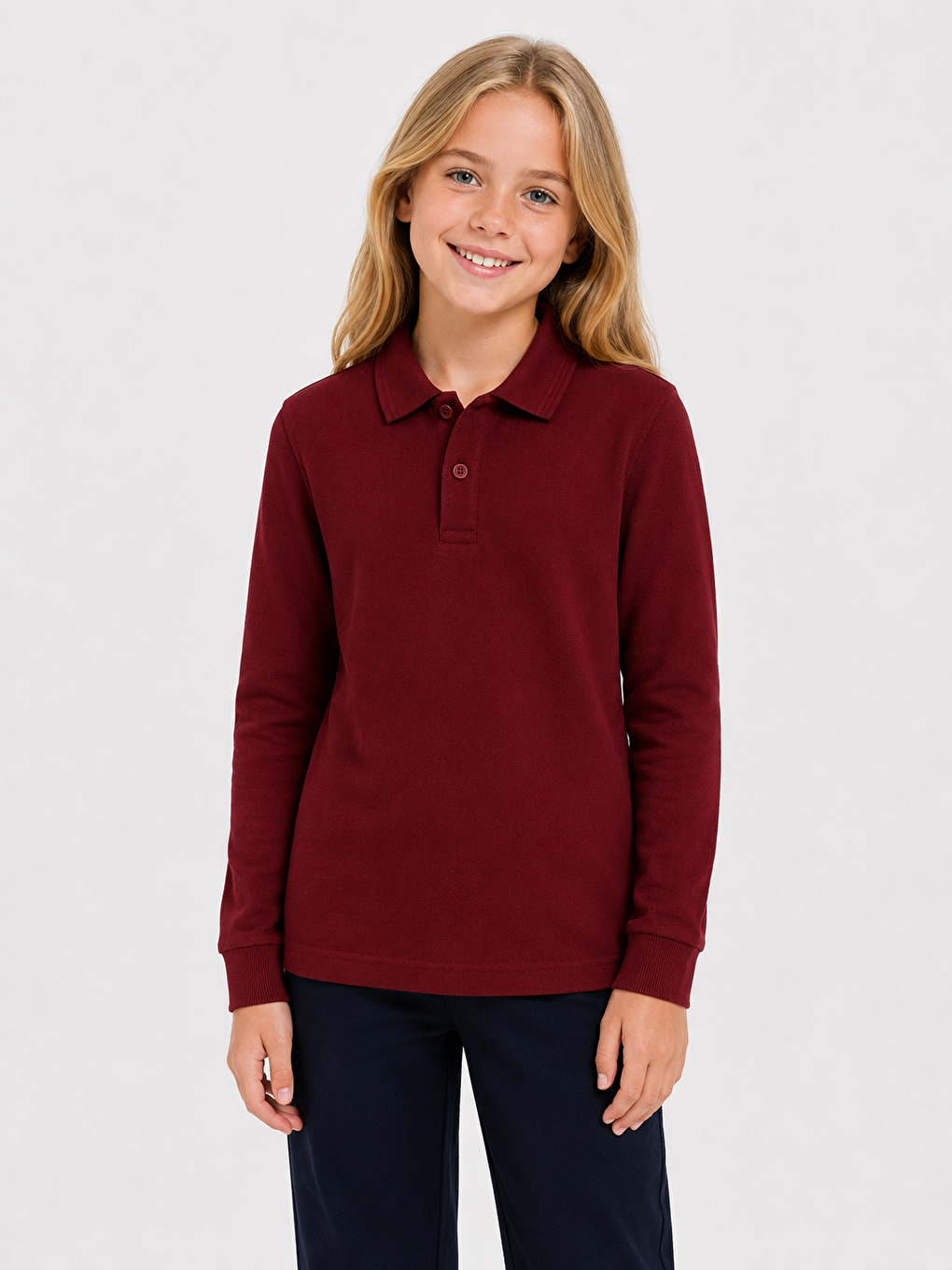 Bordo Kids Polo Yaka Basic Uzun Kollu Unisex Kız Çocuk Tişört