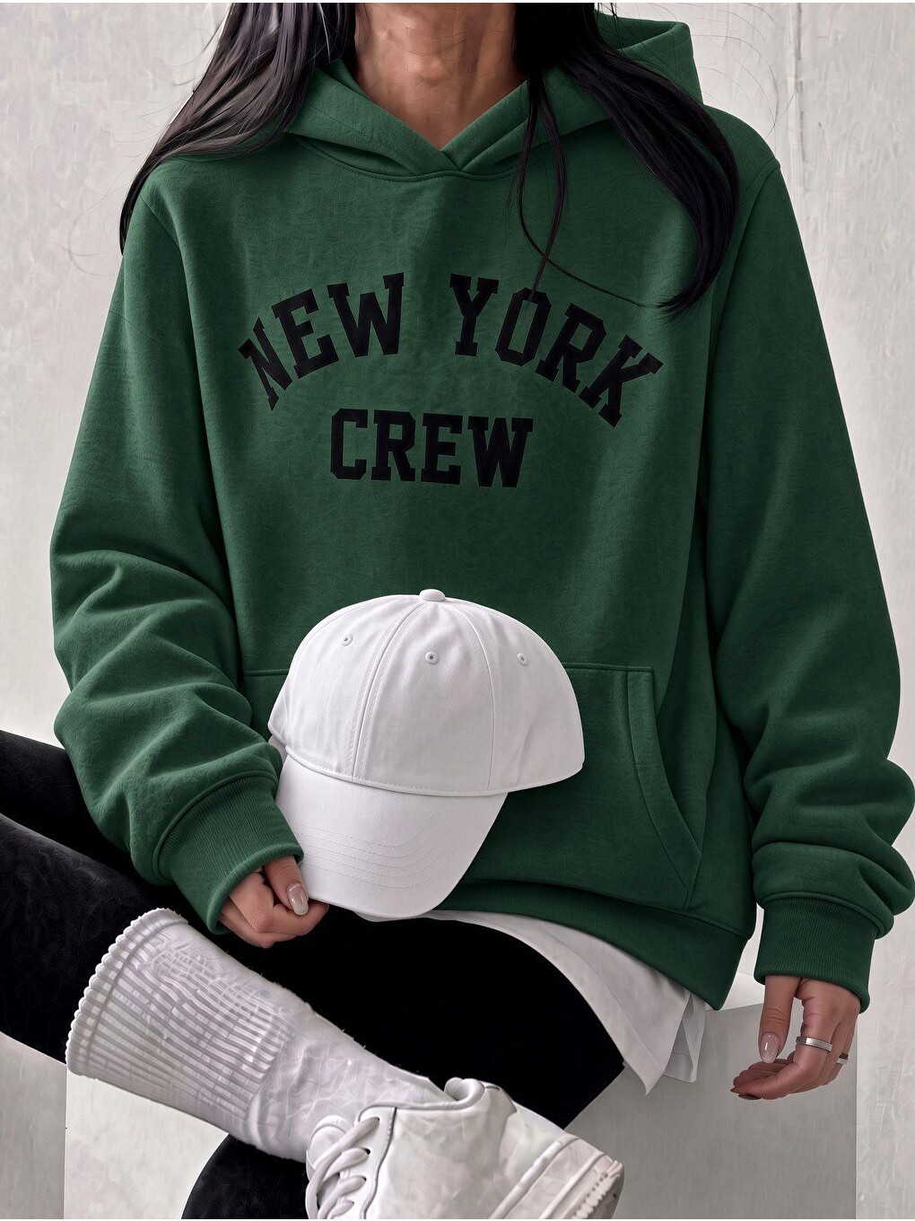 Yeşil Sw Unisex Oversize "new York Crew" Baskılı Kapüşonlu Kanguru Cep Sweatshirt-1
